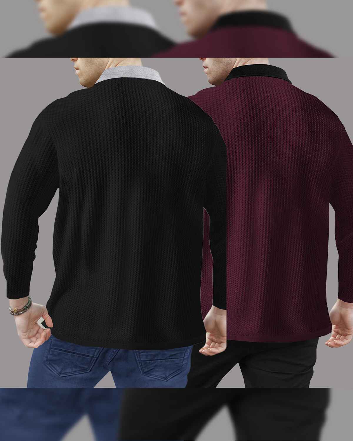 Combo of 2 Men’s Waffle Textured Black & Maroon Polo T-Shirts with Quarter Zip Neck – Contrast Collar Full Sleeve