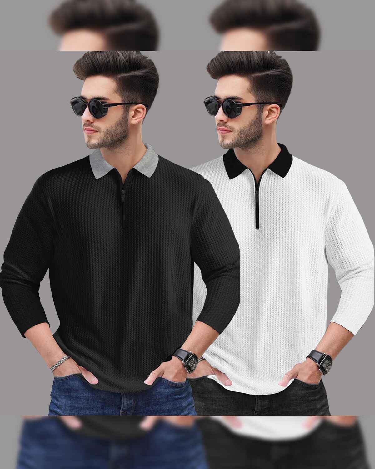 Combo of 2 Men’s Waffle Textured Black & White Polo T-Shirts with Quarter Zip Neck – Contrast Collar Full Sleeve