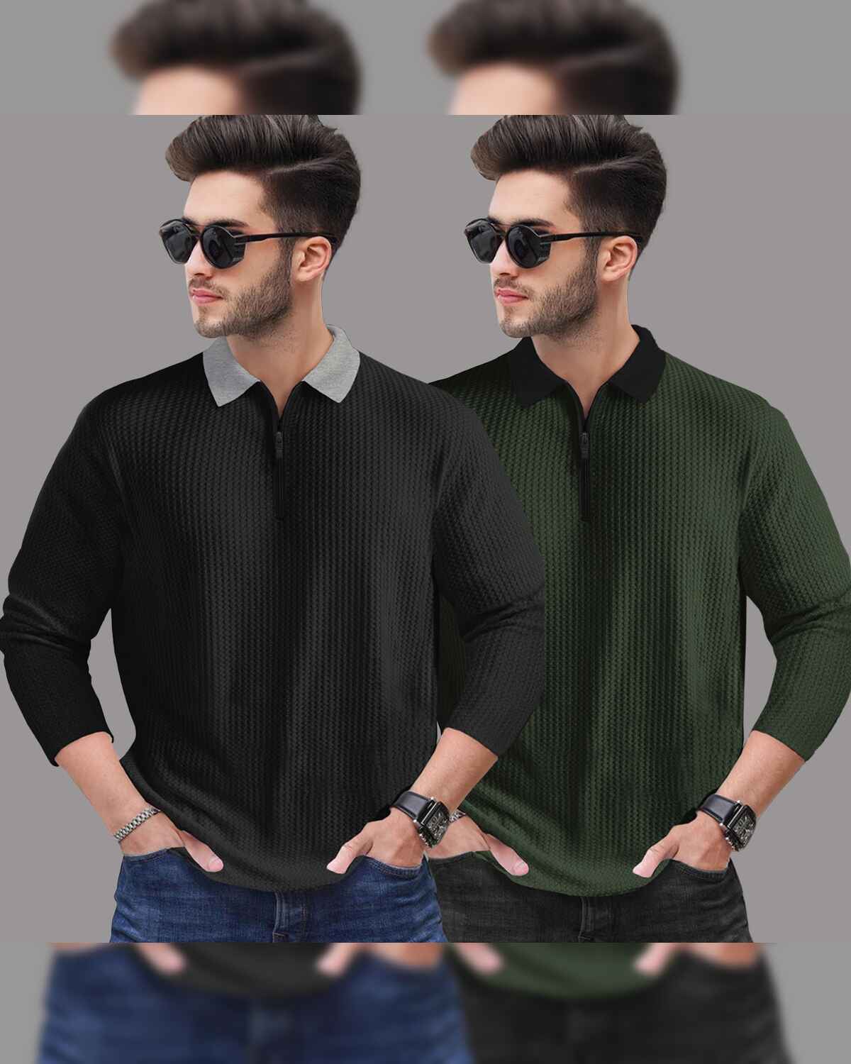 Combo of 2 Men’s Waffle Textured Black & Olivegreen Polo T-Shirts with Quarter Zip Neck – Contrast Collar Full Sleeve