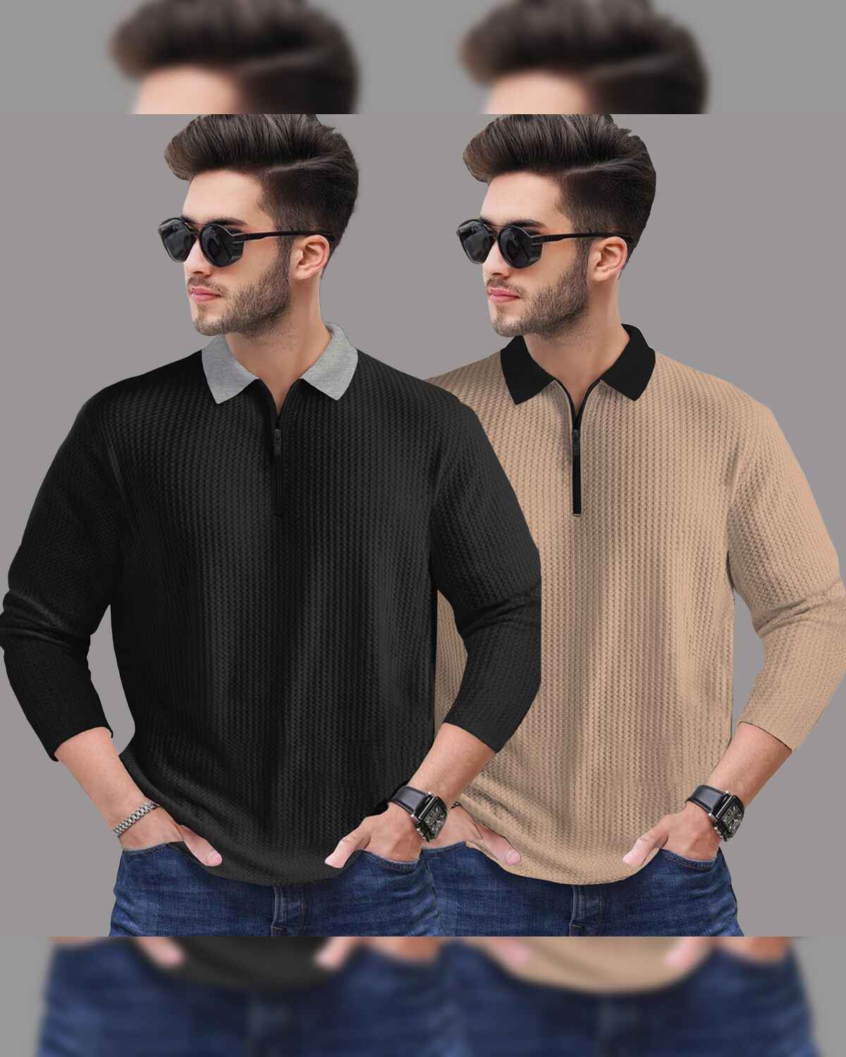 Combo of 2 Men’s Waffle Textured Black & Beige Polo T-Shirts with Quarter Zip Neck – Contrast Collar Full Sleeve
