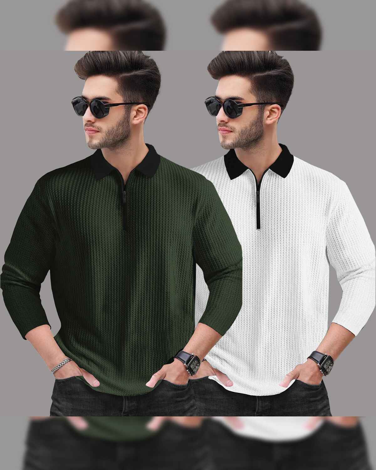 Combo of 2 Men’s Waffle Textured Olive Green & White Polo T-Shirts with Quarter Zip Neck – Contrast Collar Full Sleeve