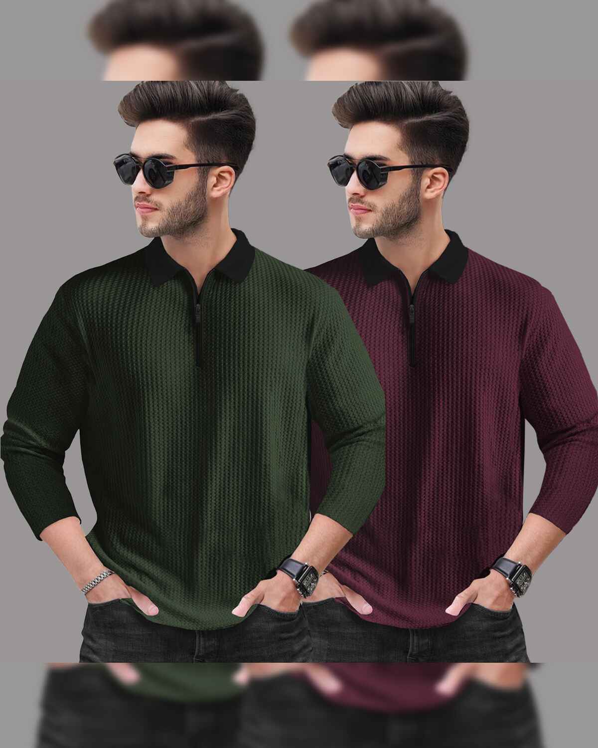 Combo of 2 Men’s Waffle Textured Olive Green & Maroon Polo T-Shirts with Quarter Zip Neck – Contrast Collar Full Sleeve