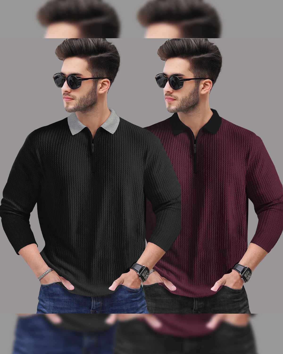 Combo of 2 Men’s Waffle Textured Black & Maroon Polo T-Shirts with Quarter Zip Neck – Contrast Collar Full Sleeve
