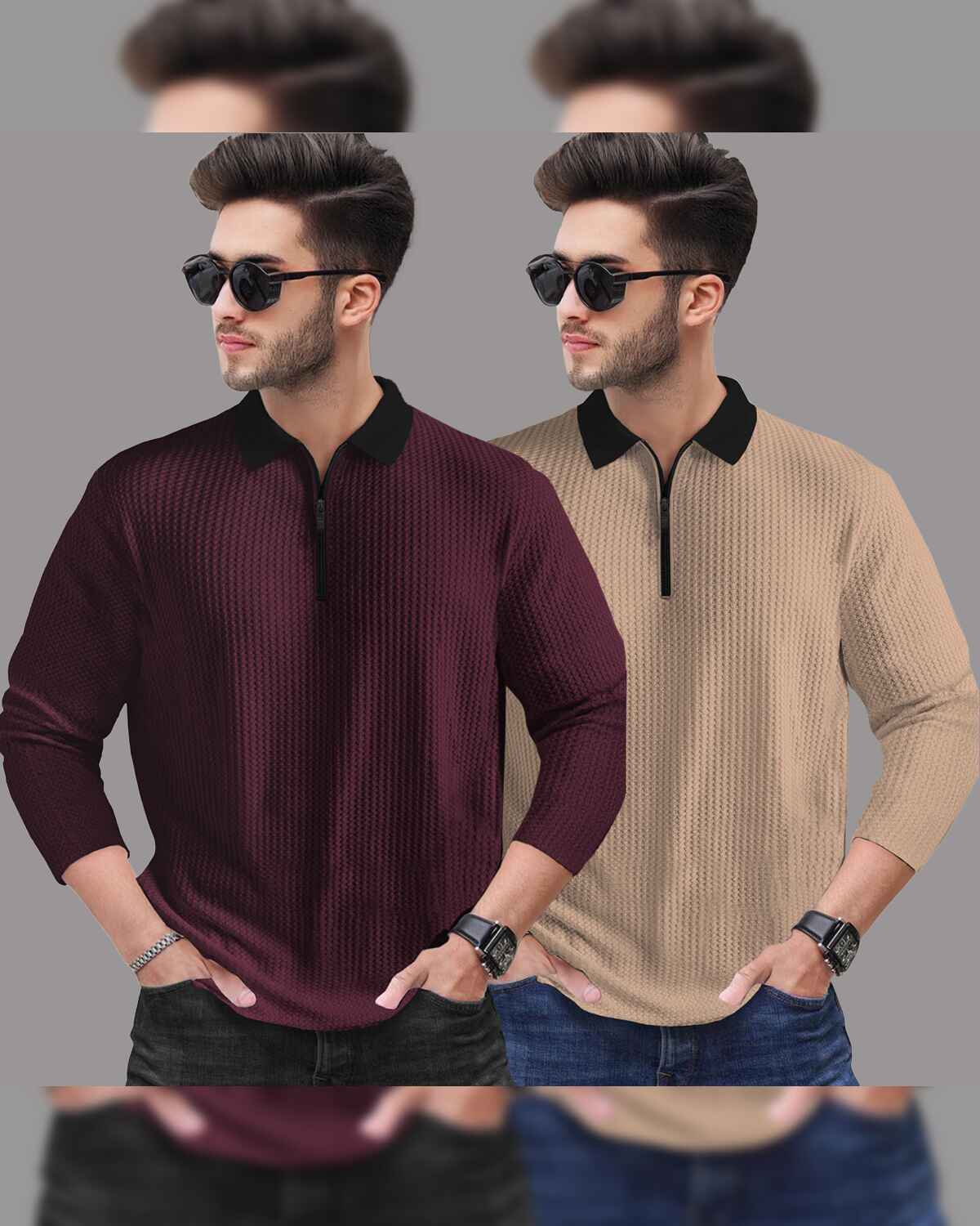 Combo of 2 Men’s Waffle Textured Maroon & Beige Polo T-Shirts with Quarter Zip Neck – Contrast Collar Full Sleeve