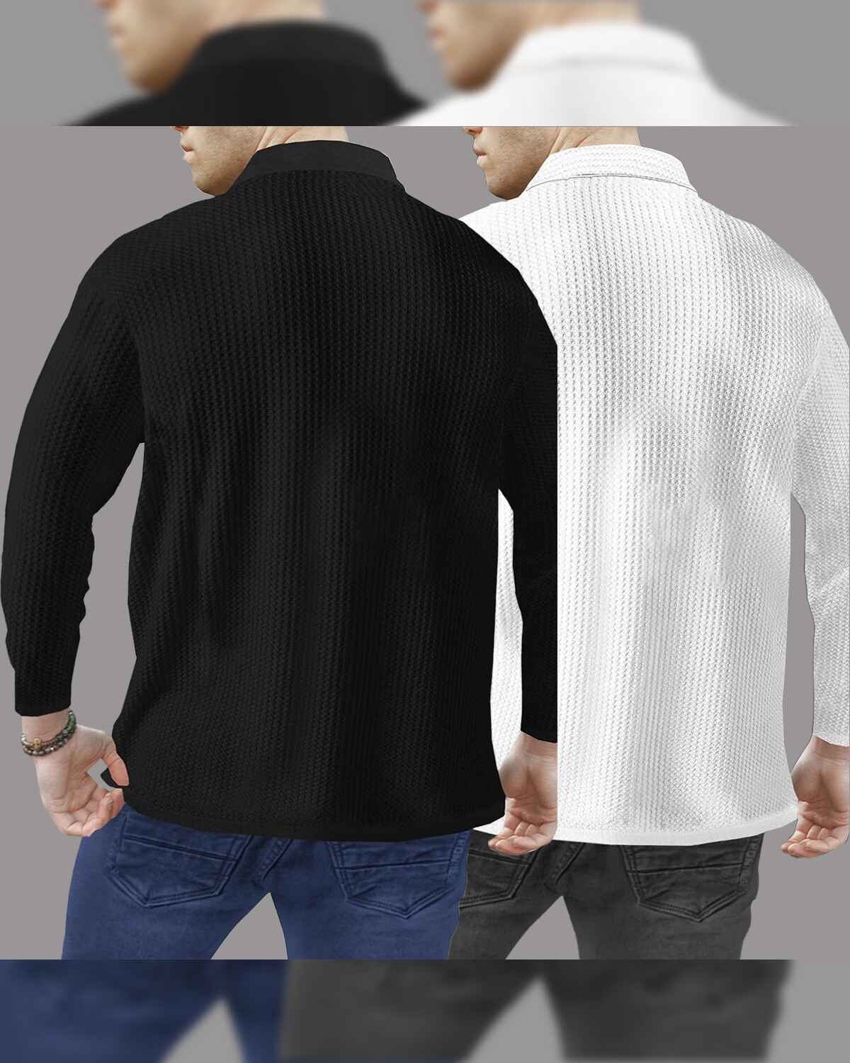 Combo of 2 Men’s Waffle Textured Black & White Polo T-Shirts with Quarter Zip Neck – Full Sleeve