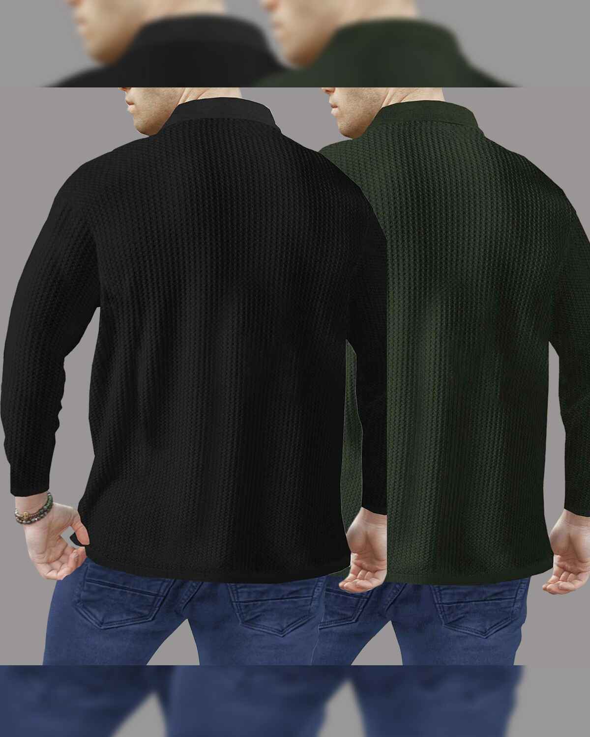 Combo of 2 Men’s Waffle Textured Black & Olivegreen Polo T-Shirts with Quarter Zip Neck – Full Sleeve