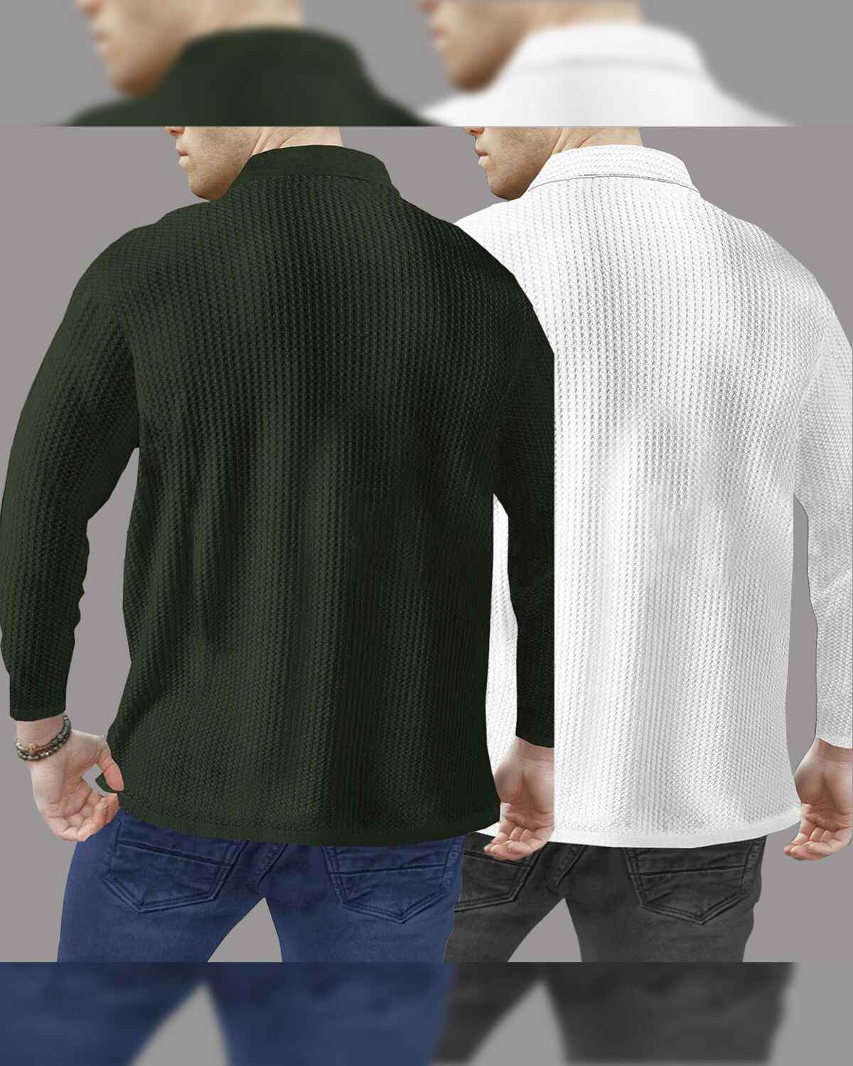 Combo of 2 Men’s Waffle Textured Olivegreen & White Polo T-Shirts with Quarter Zip Neck – Full Sleeve