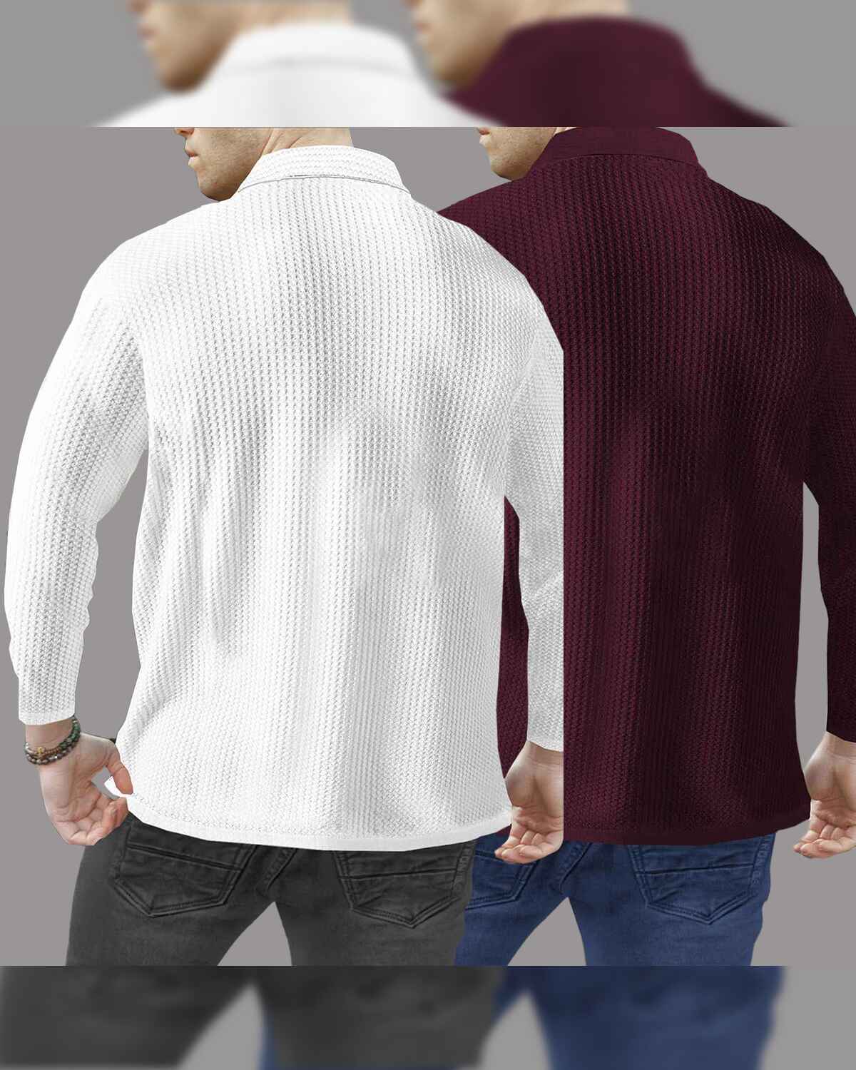 Combo of 2 Men’s Waffle Textured White & Maroon Polo T-Shirts with Quarter Zip Neck – Full Sleeve