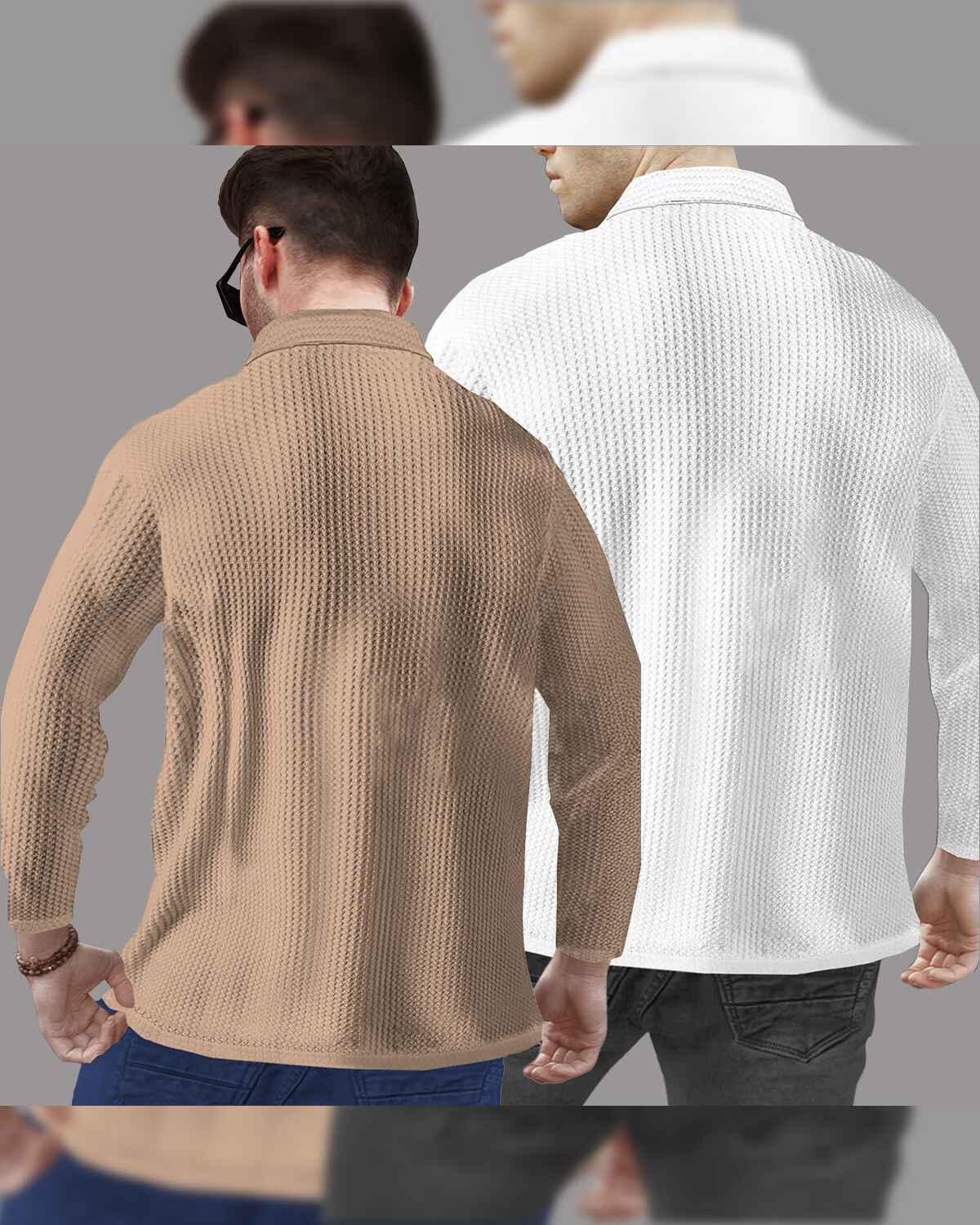 Combo of 2 Men’s Waffle Textured Beige & White Polo T-Shirts with Quarter Zip Neck – Full Sleeve