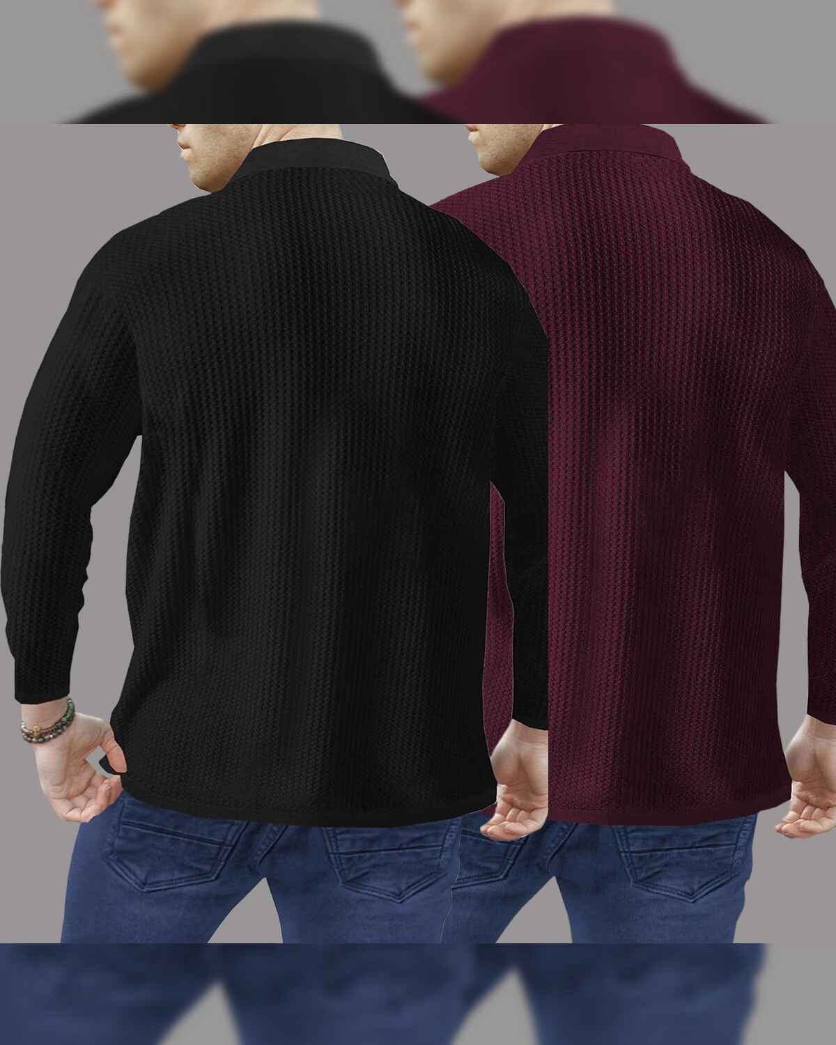 Combo of 2 Men’s Waffle Textured Black & Maroon Polo T-Shirts with Quarter Zip Neck – Full Sleeve