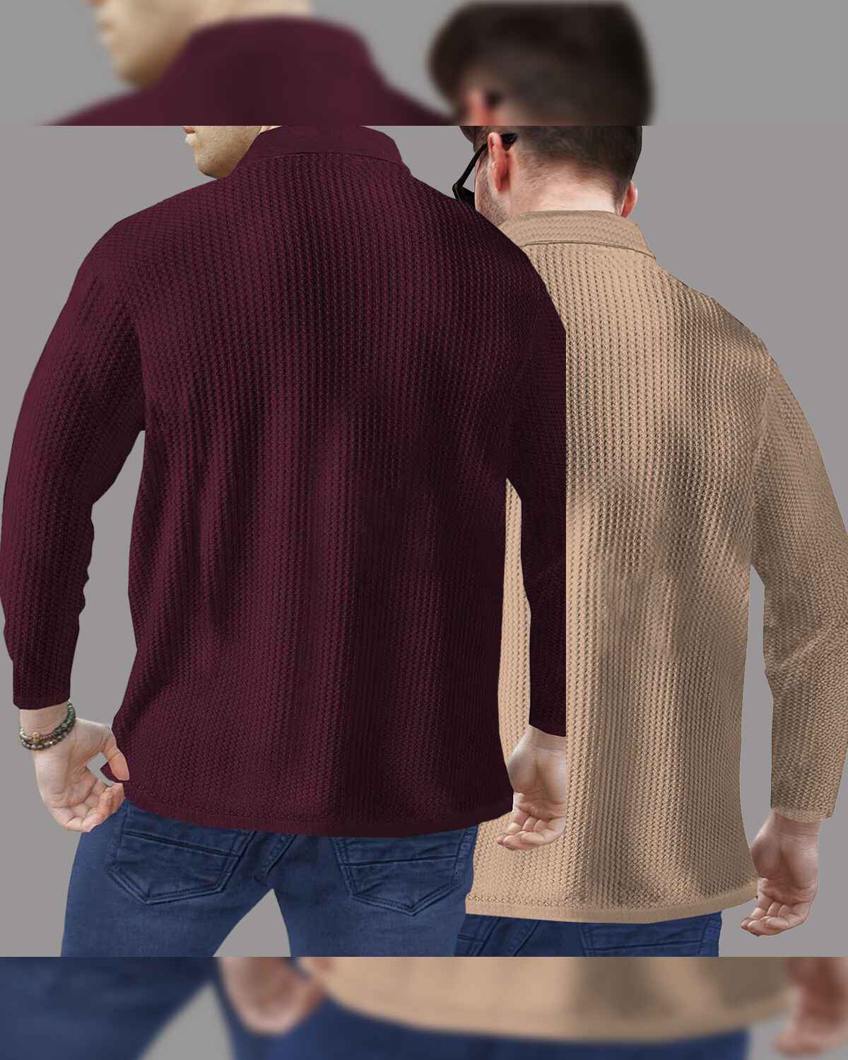 Combo of 2 Men’s Waffle Textured Maroon & Beige Polo T-Shirts with Quarter Zip Neck – Full Sleeve