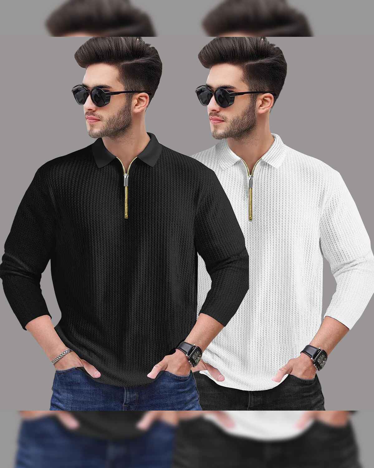 Combo of 2 Men’s Waffle Textured Black & White Polo T-Shirts with Quarter Zip Neck – Full Sleeve