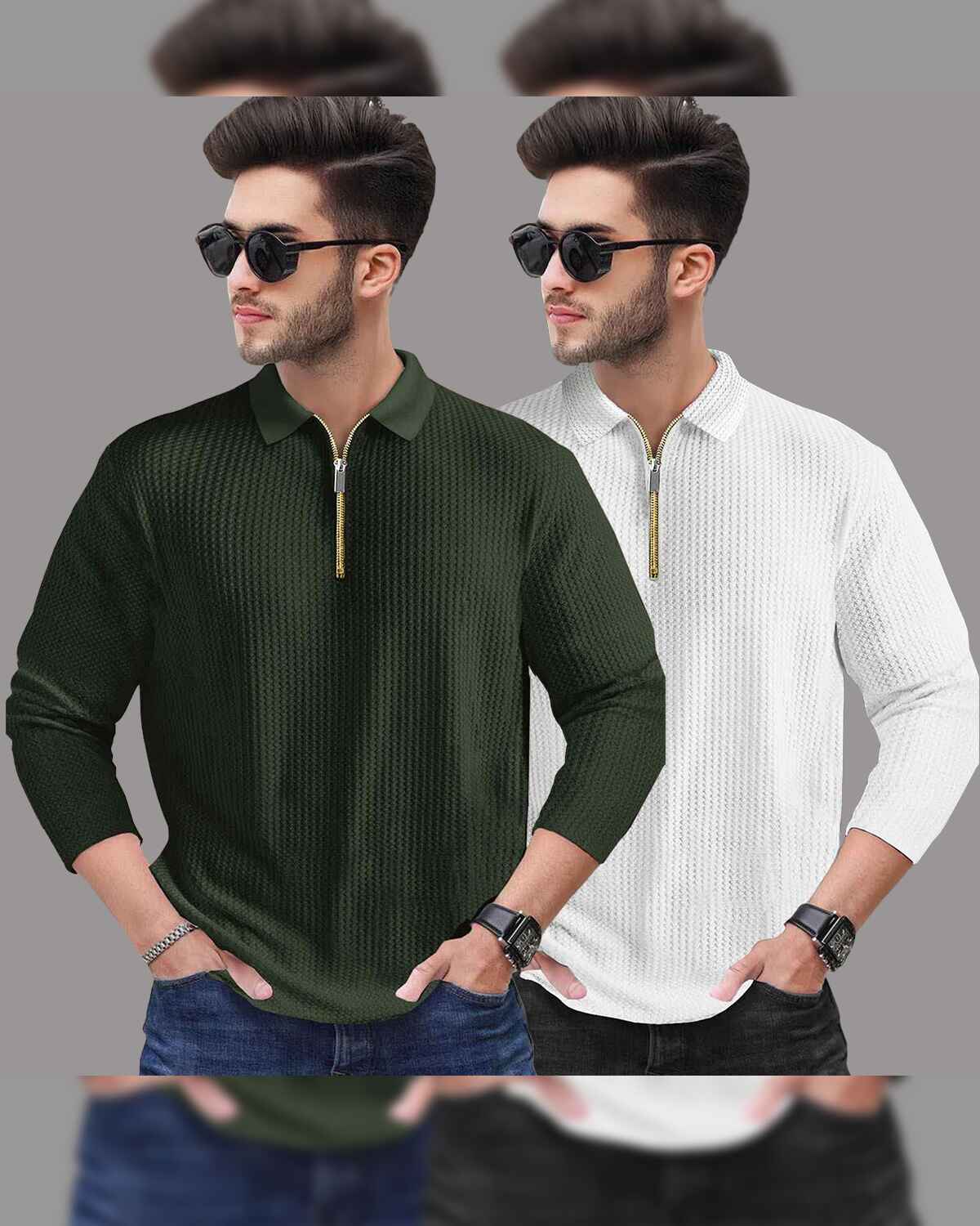 Combo of 2 Men’s Waffle Textured Olivegreen & White Polo T-Shirts with Quarter Zip Neck – Full Sleeve
