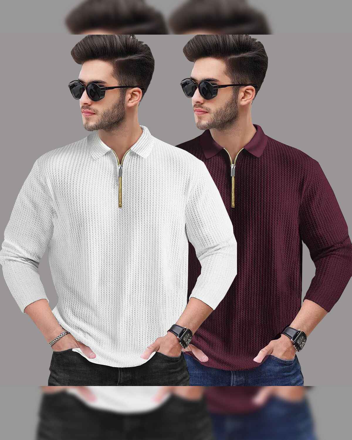 Combo of 2 Men’s Waffle Textured White & Maroon Polo T-Shirts with Quarter Zip Neck – Full Sleeve