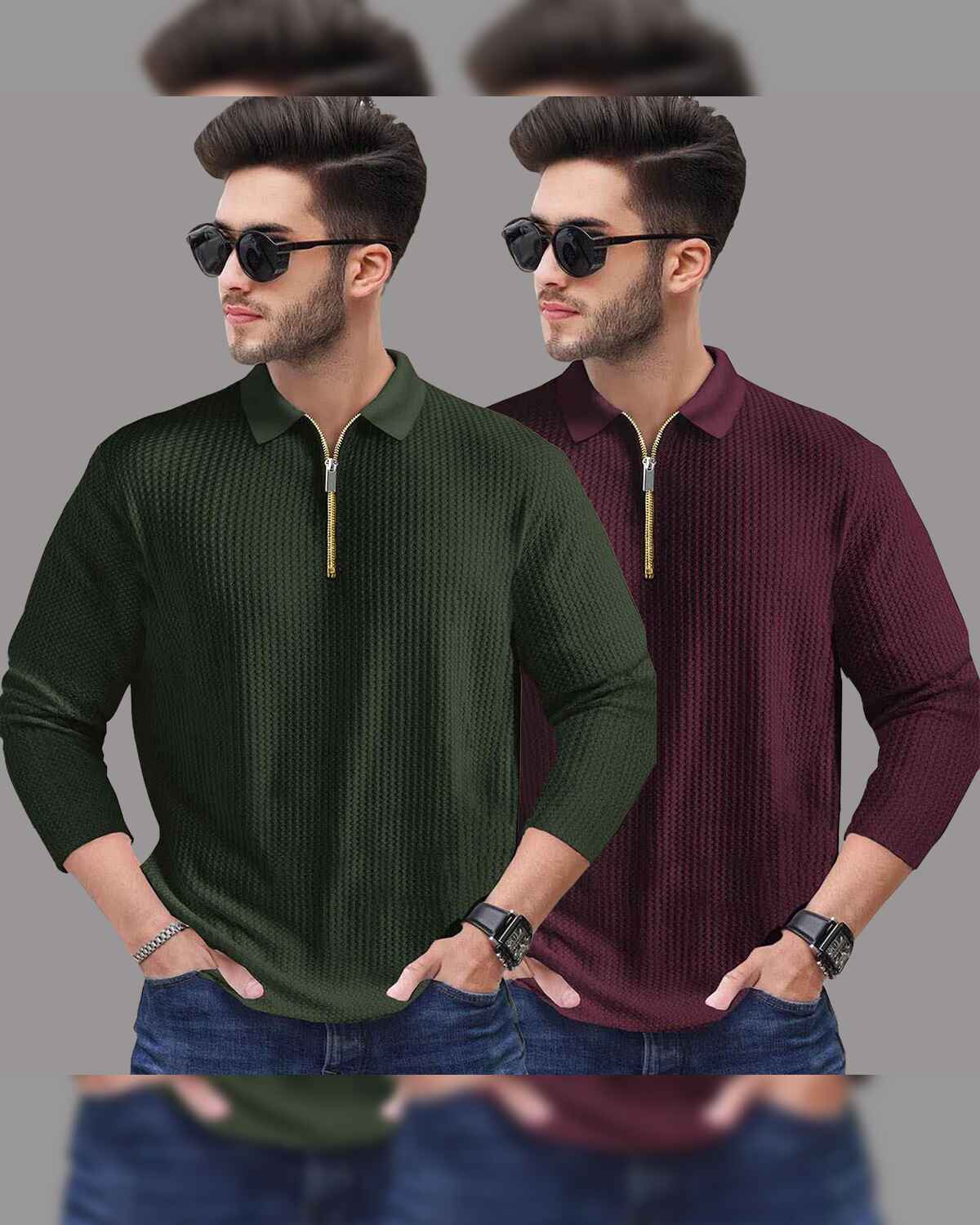 Combo of 2 Men’s Waffle Textured Olivegreen & Maroon Polo T-Shirts with Quarter Zip Neck – Full Sleeve