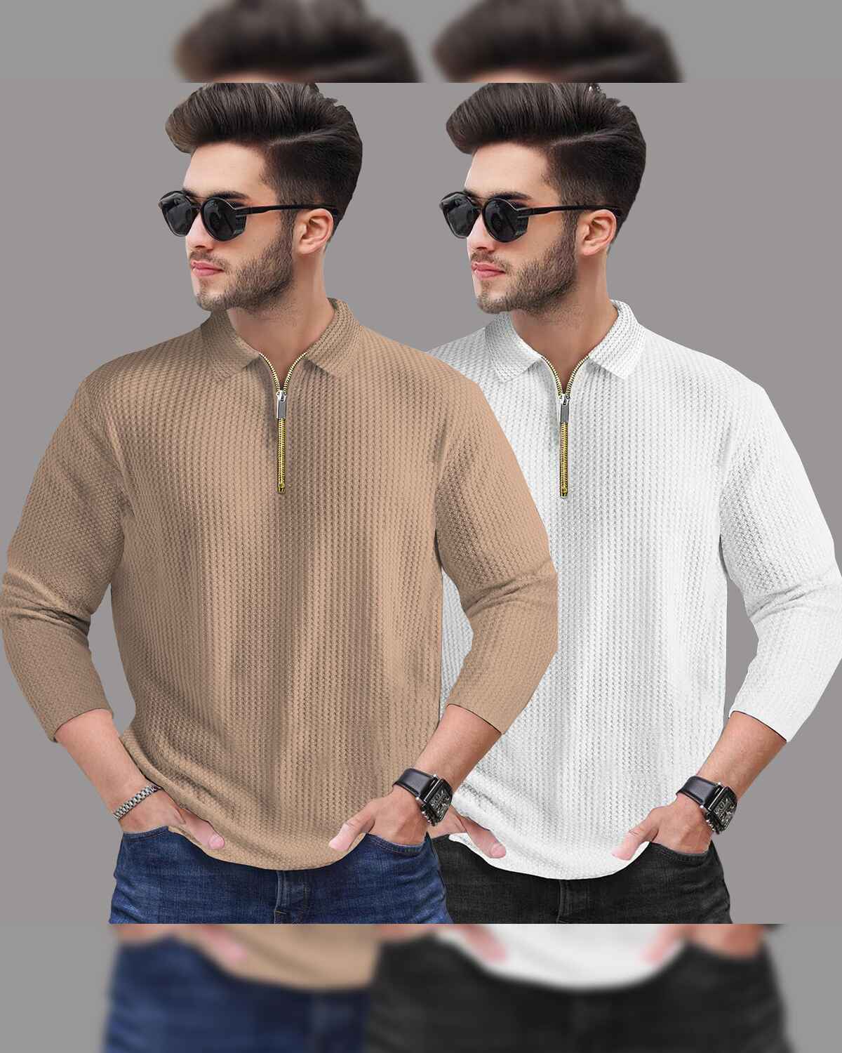 Combo of 2 Men’s Waffle Textured Beige & White Polo T-Shirts with Quarter Zip Neck – Full Sleeve