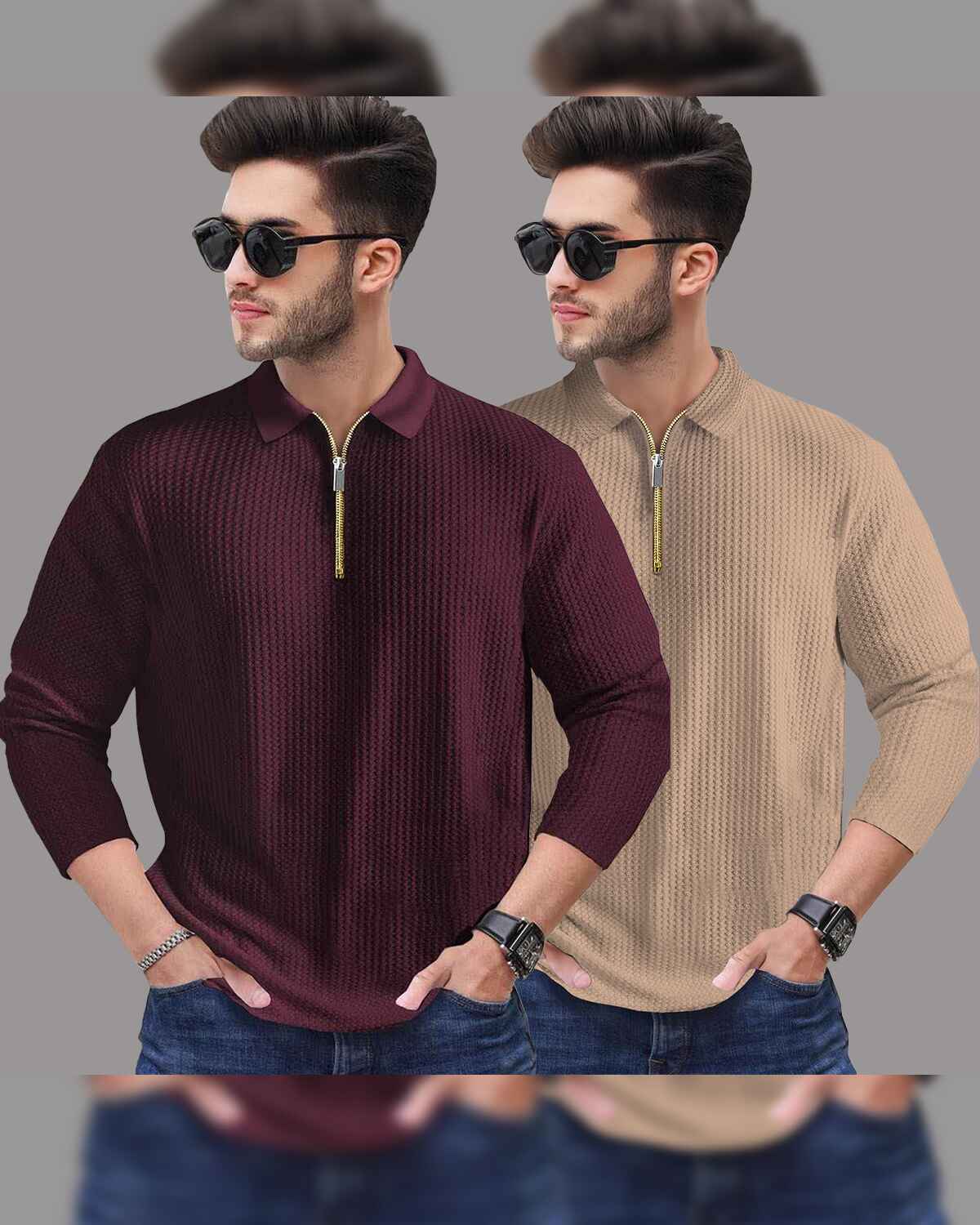 Combo of 2 Men’s Waffle Textured Maroon & Beige Polo T-Shirts with Quarter Zip Neck – Full Sleeve