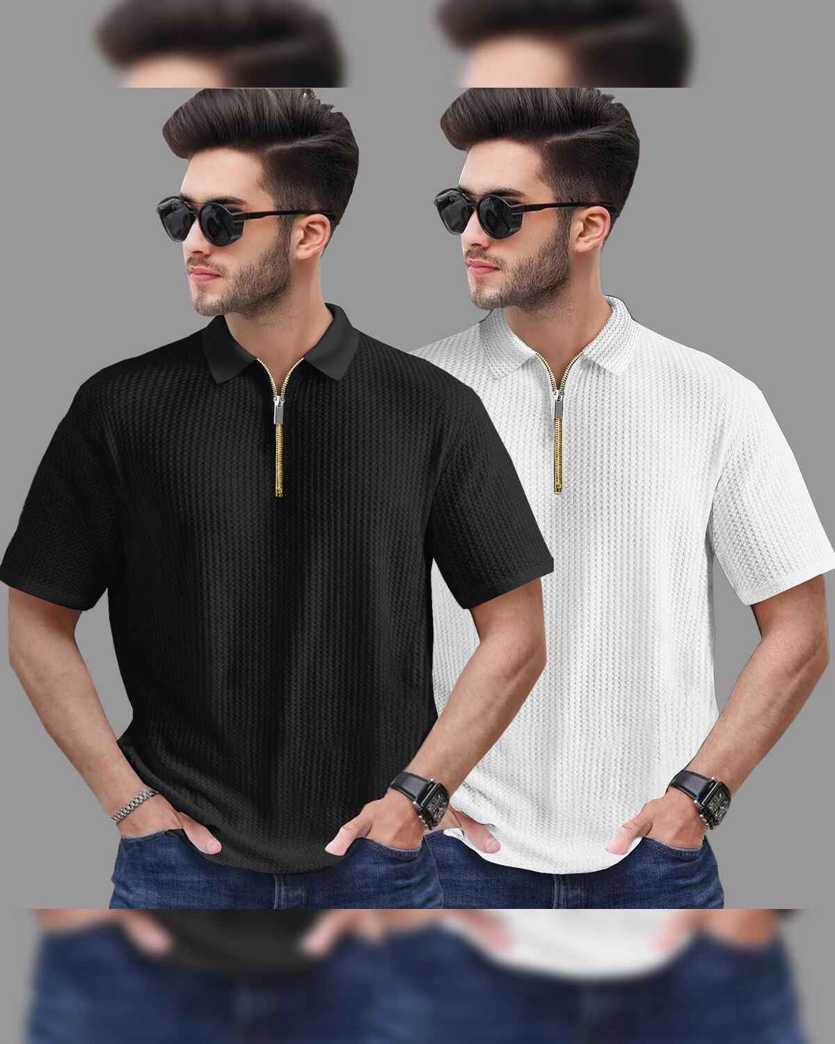 6 Variants (Pack Of 2) Polo Collar Waffle Textured Tshirts