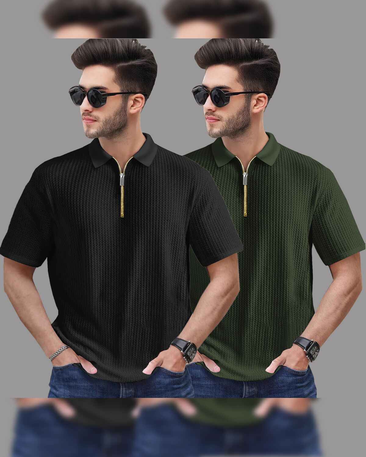 6 Variants (Pack Of 2) Polo Collar Waffle Textured Tshirts