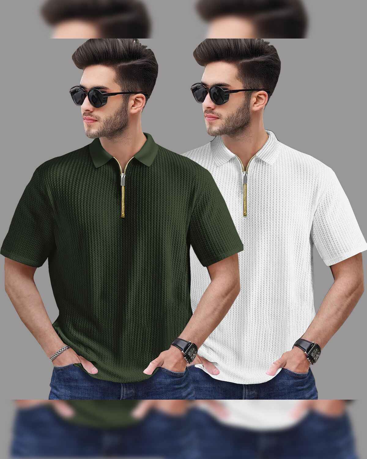 6 Variants (Pack Of 2) Polo Collar Waffle Textured Tshirts