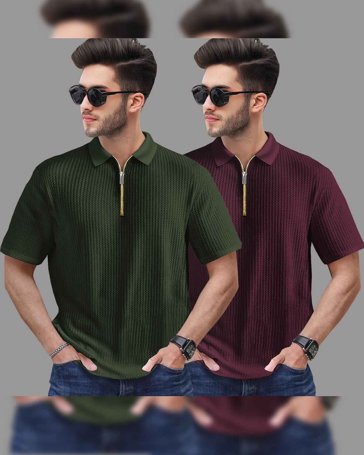6 Variants (Pack Of 2) Polo Collar Waffle Textured Tshirts