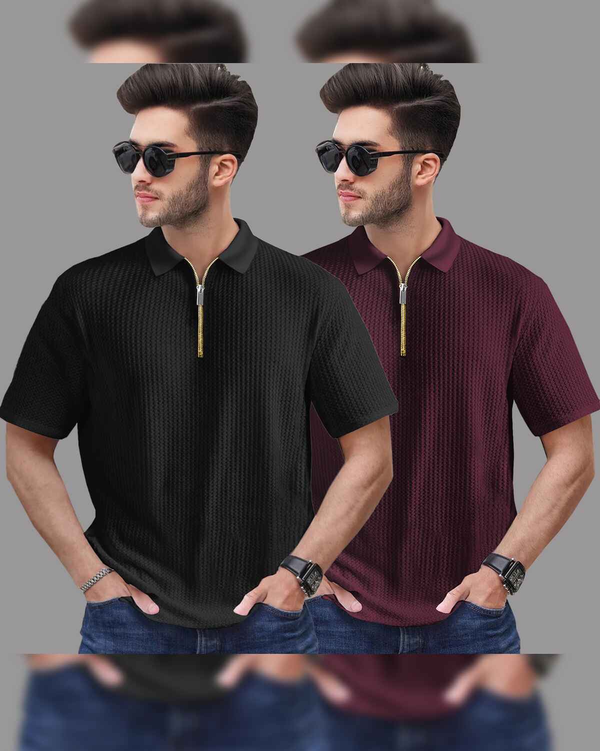 6 Variants (Pack Of 2) Polo Collar Waffle Textured Tshirts