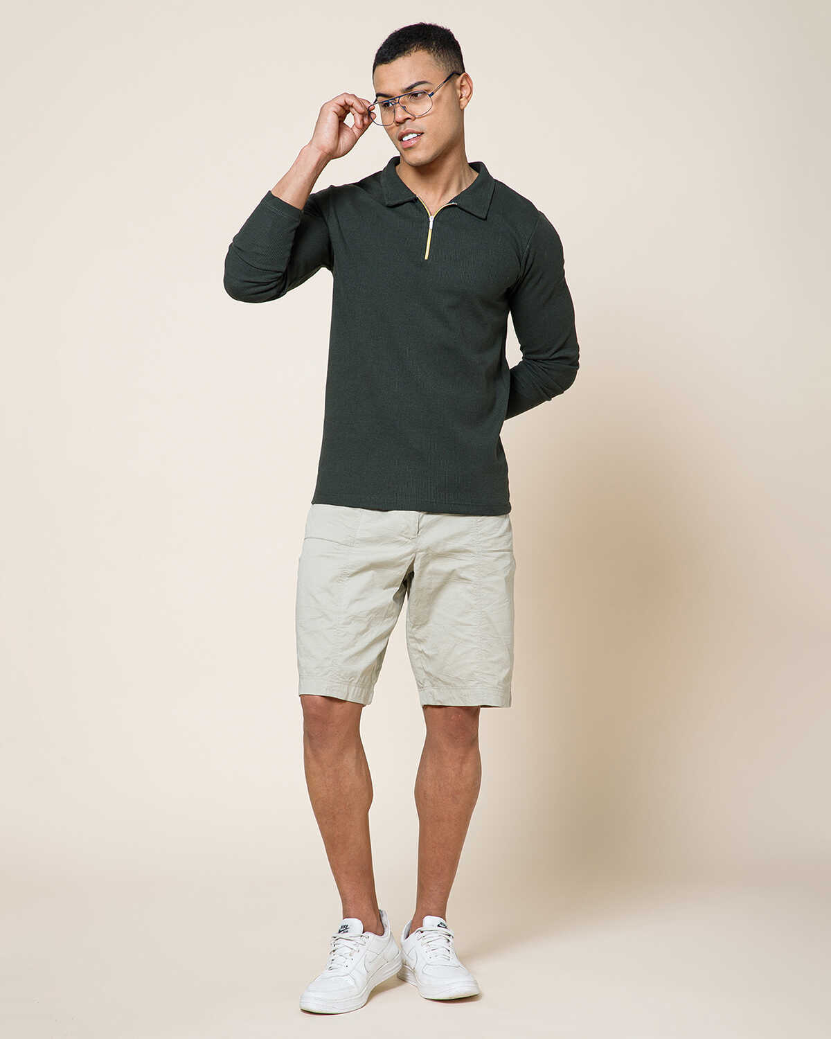Men’s Waffle Textured Olive Green Full Sleeve Polo T-Shirt with Quarter Zip Neck