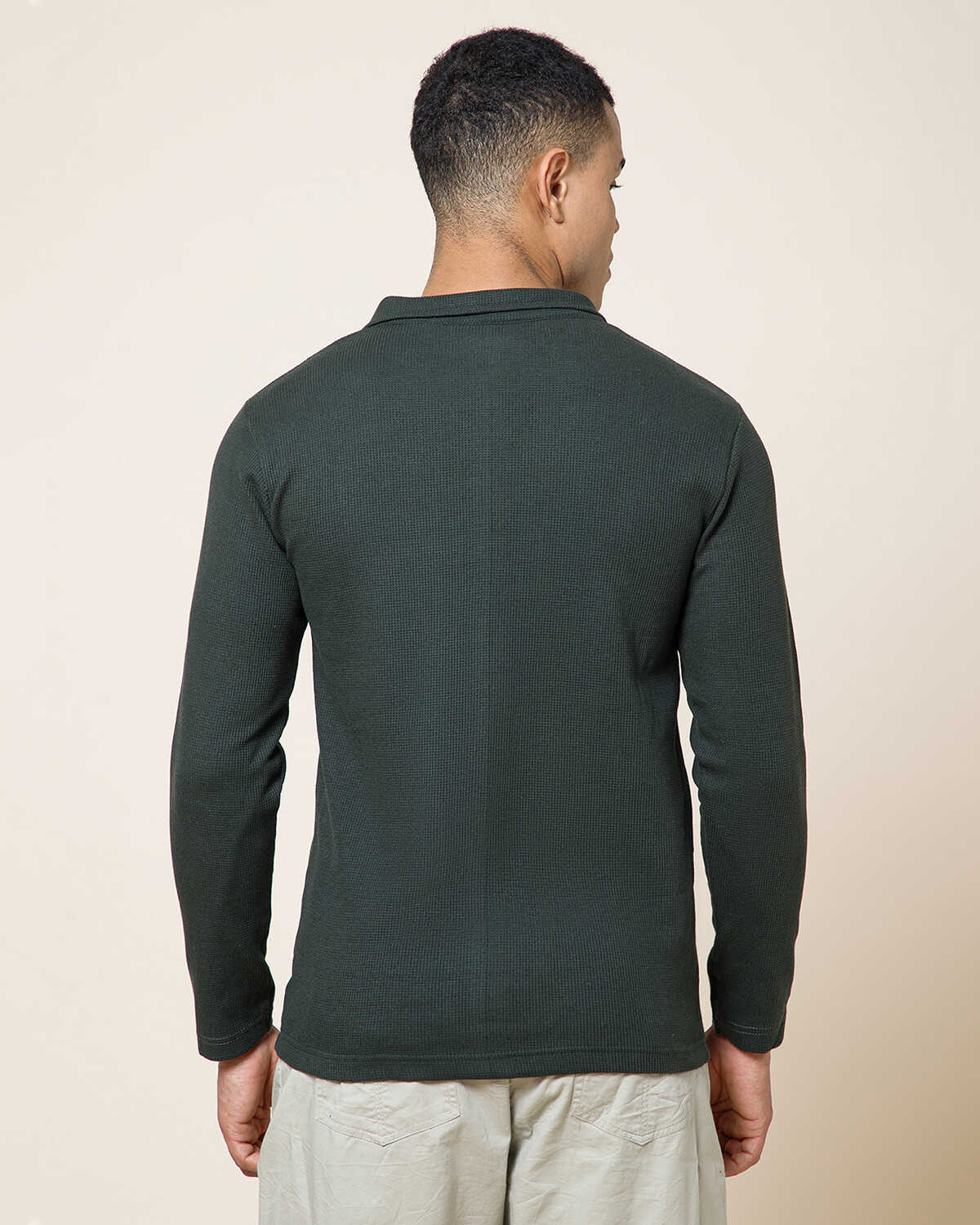Men’s Waffle Textured Olive Green Full Sleeve Polo T-Shirt with Quarter Zip Neck