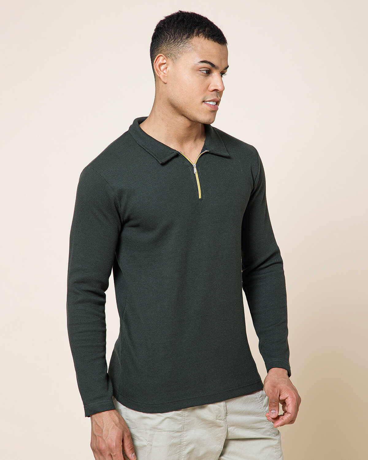 Men’s Waffle Textured Olive Green Full Sleeve Polo T-Shirt with Quarter Zip Neck