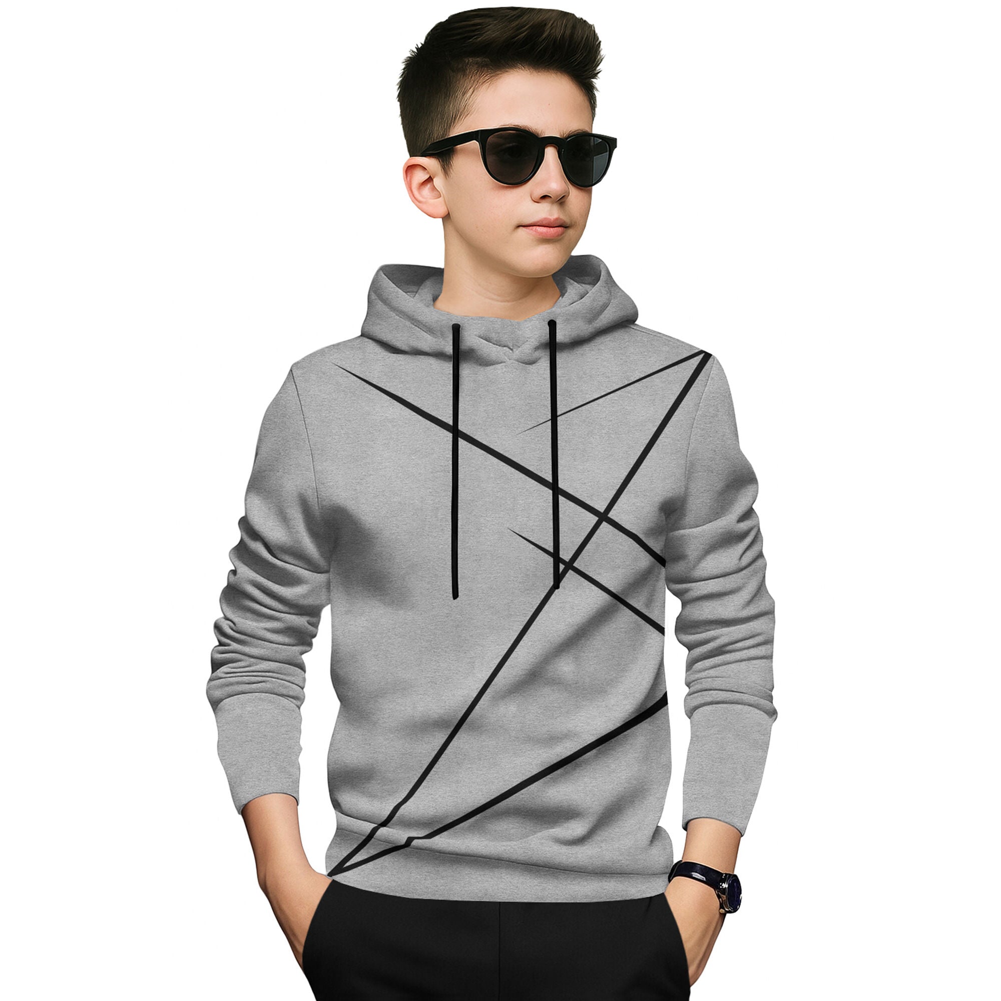 Boys Full Sleeve Grey Zig Zag Graphic Printed Hooded T-shirt