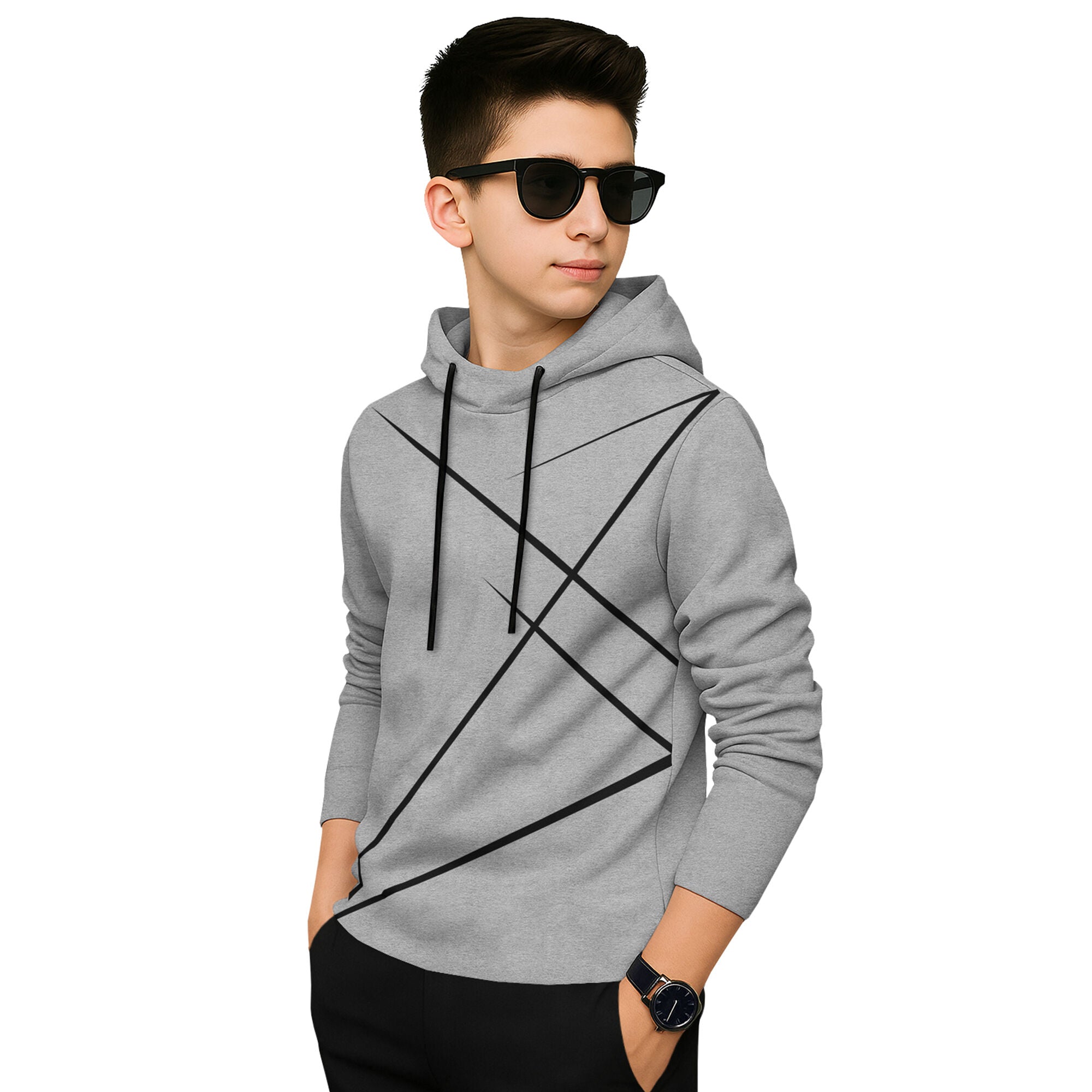 Boys Full Sleeve Grey Zig Zag Graphic Printed Hooded T-shirt