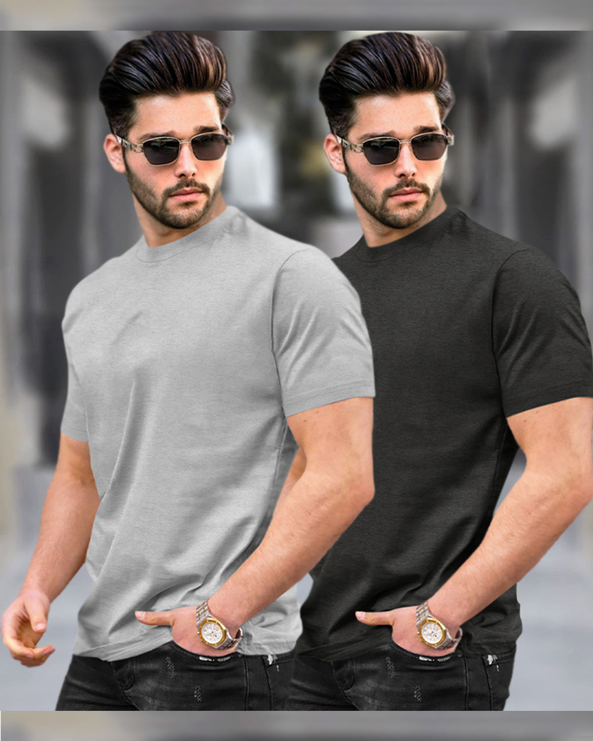 Mens Half Sleeve Plain Round Neck Grey & Charcoalblack T-shirts (Pack Of 2)