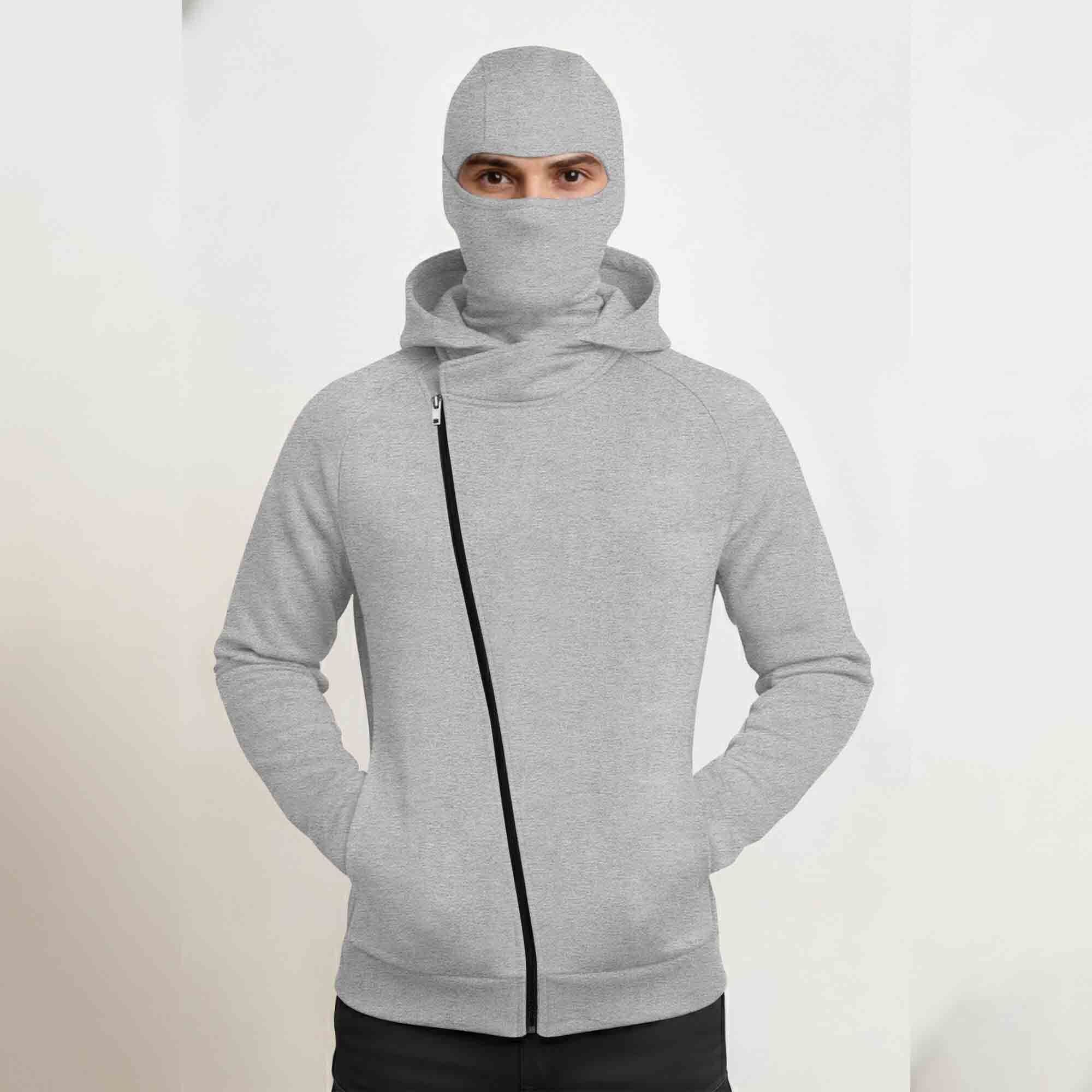 Mens Winter Full Mask Warm Cross Zip-Up Hooded Jacket Grey