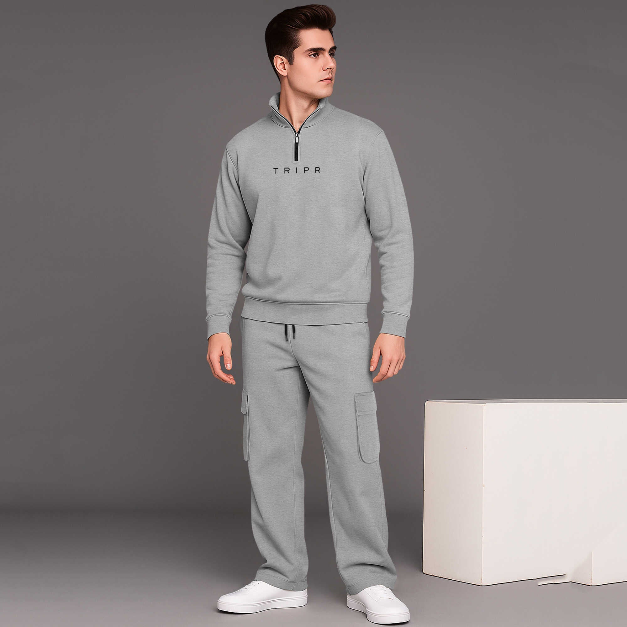 Men High Neck Plain Grey Sweatshirt Grey baggy Cargo Tracksuit