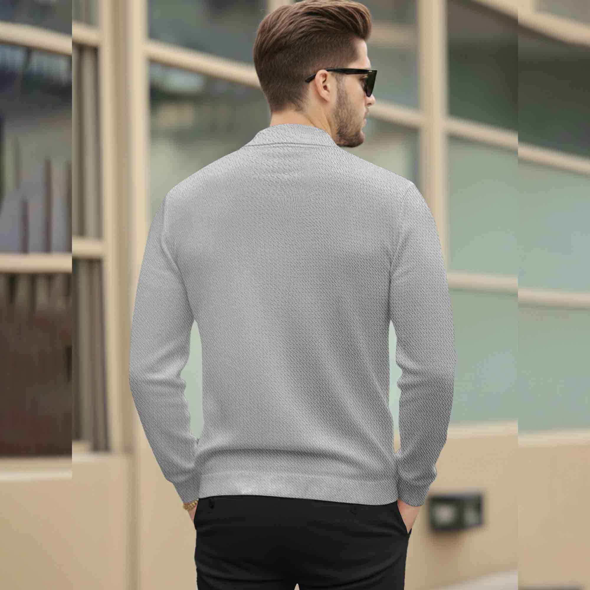 Men Quarter Zip Polo Neck Vertical Striped Full Sleeve T-shirt Grey