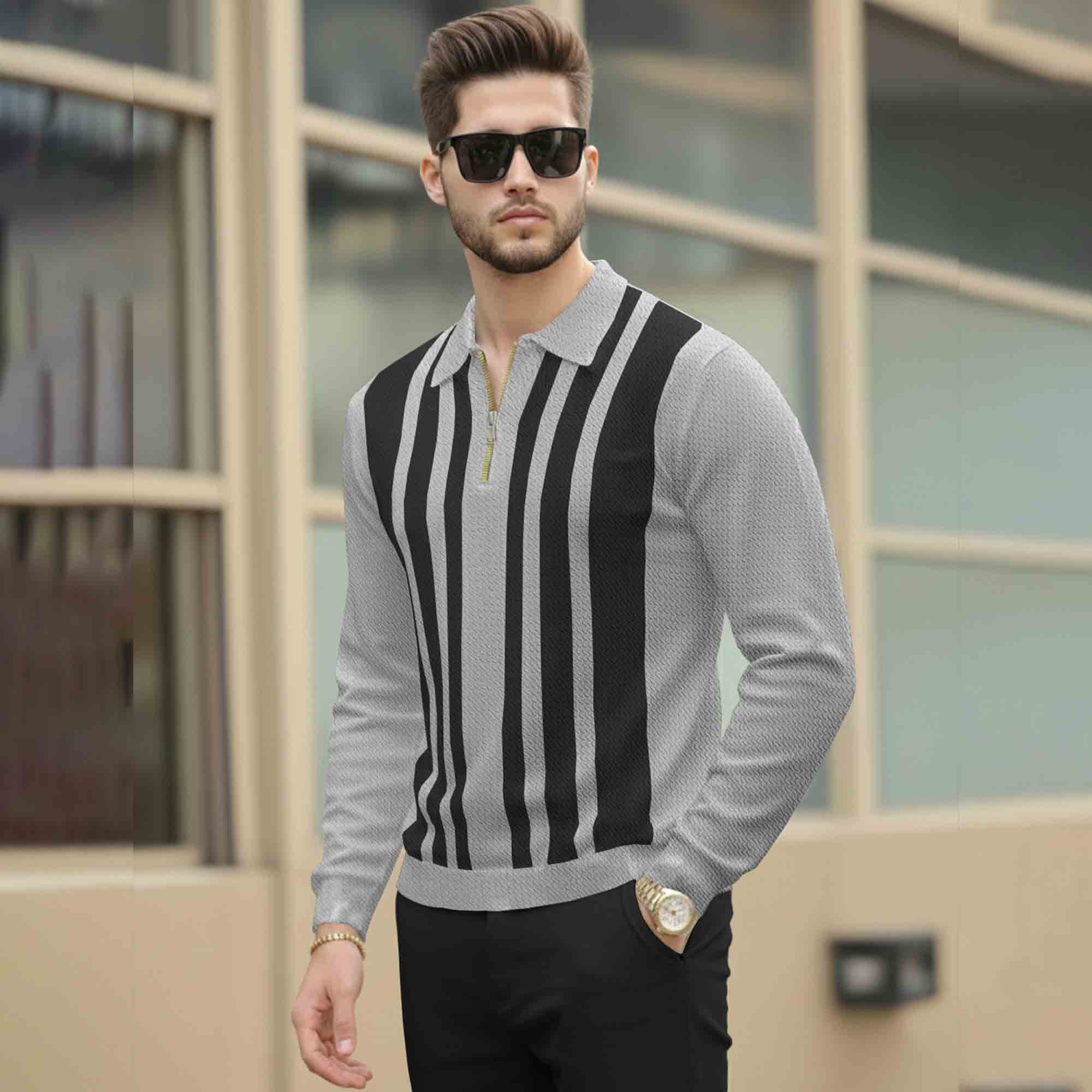 Men Quarter Zip Polo Neck Vertical Striped Full Sleeve T-shirt Grey