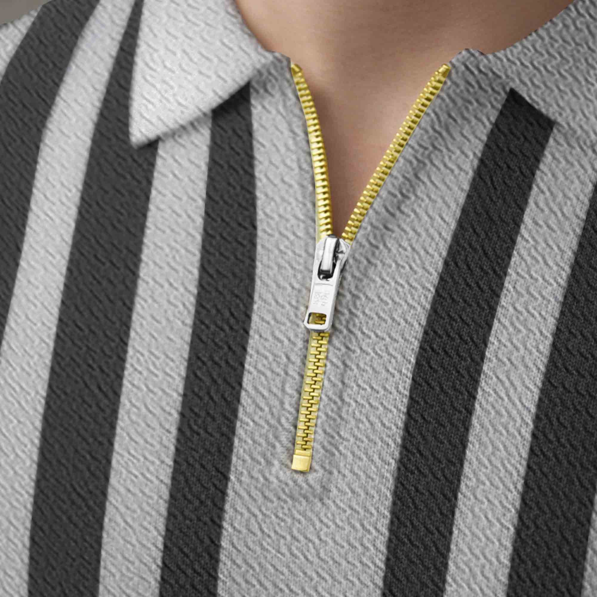 Men Quarter Zip Polo Neck Vertical Striped Full Sleeve T-shirt Grey