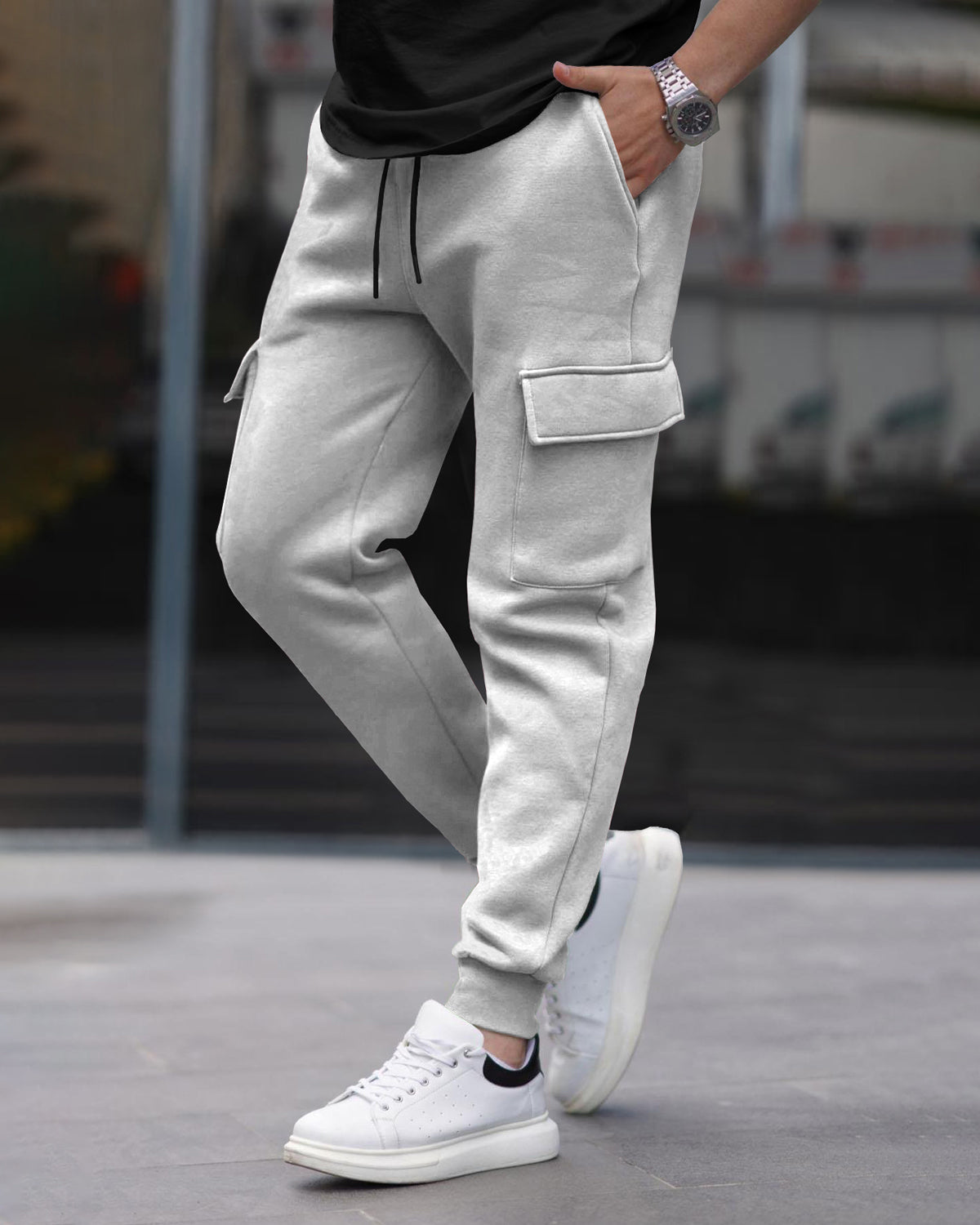 Mens Multi Pockets Plain Grey Cargo Jogger