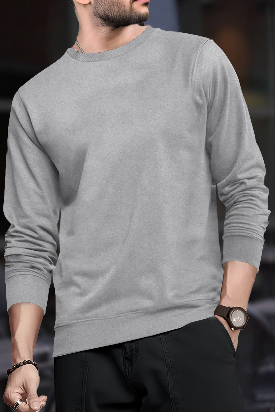 Mens Full Sleeve Round Neck Plain Grey T-shirt