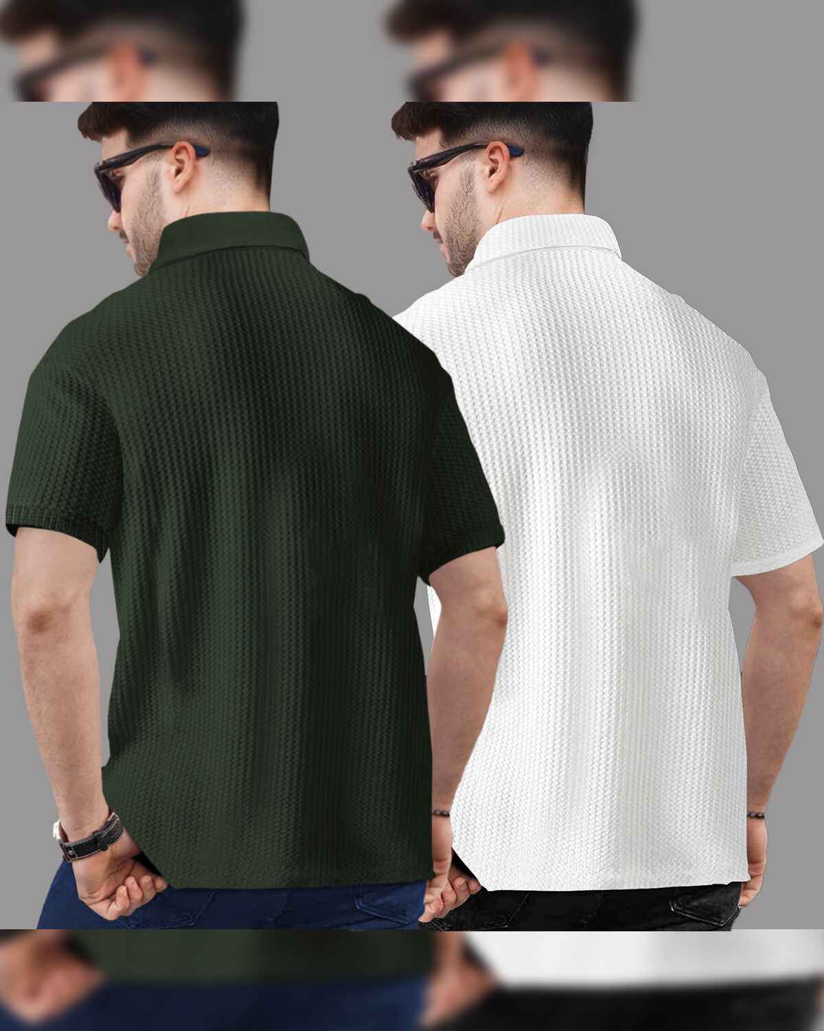 (Pack Of 2) Polo Collar Waffle Textured Olive-White T-shirts