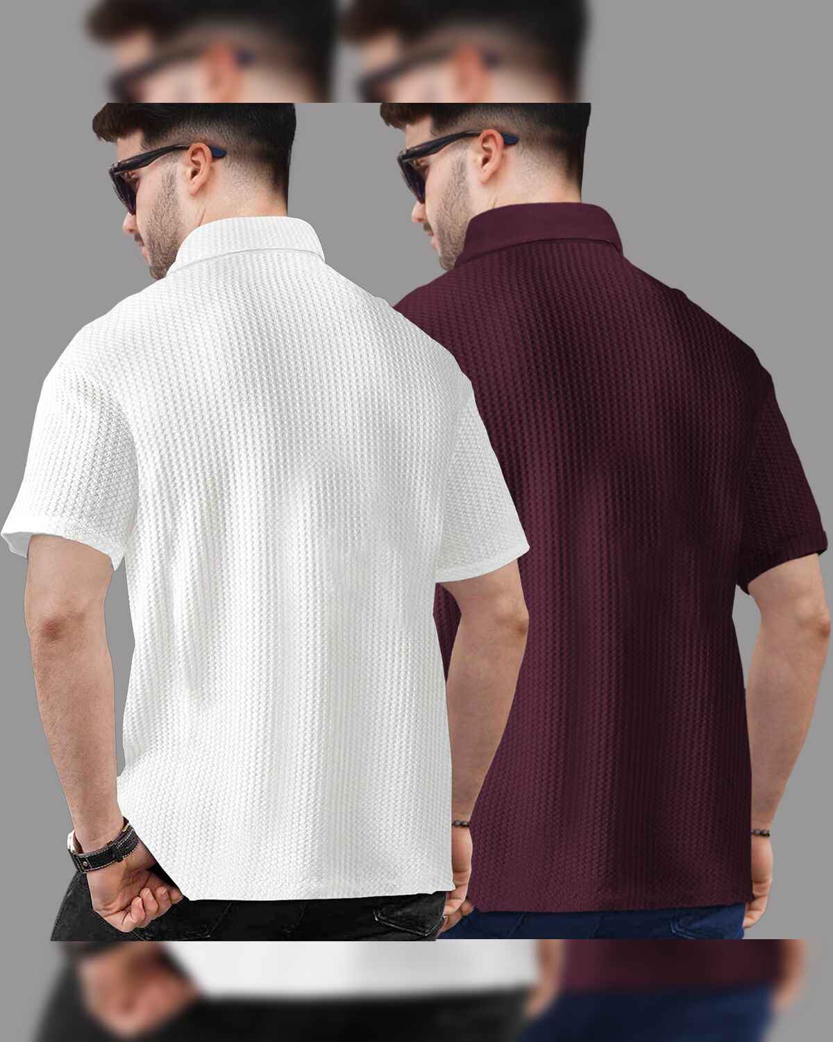 (Pack Of 2) Polo Collar Waffle Textured White-Maroon T-shirts