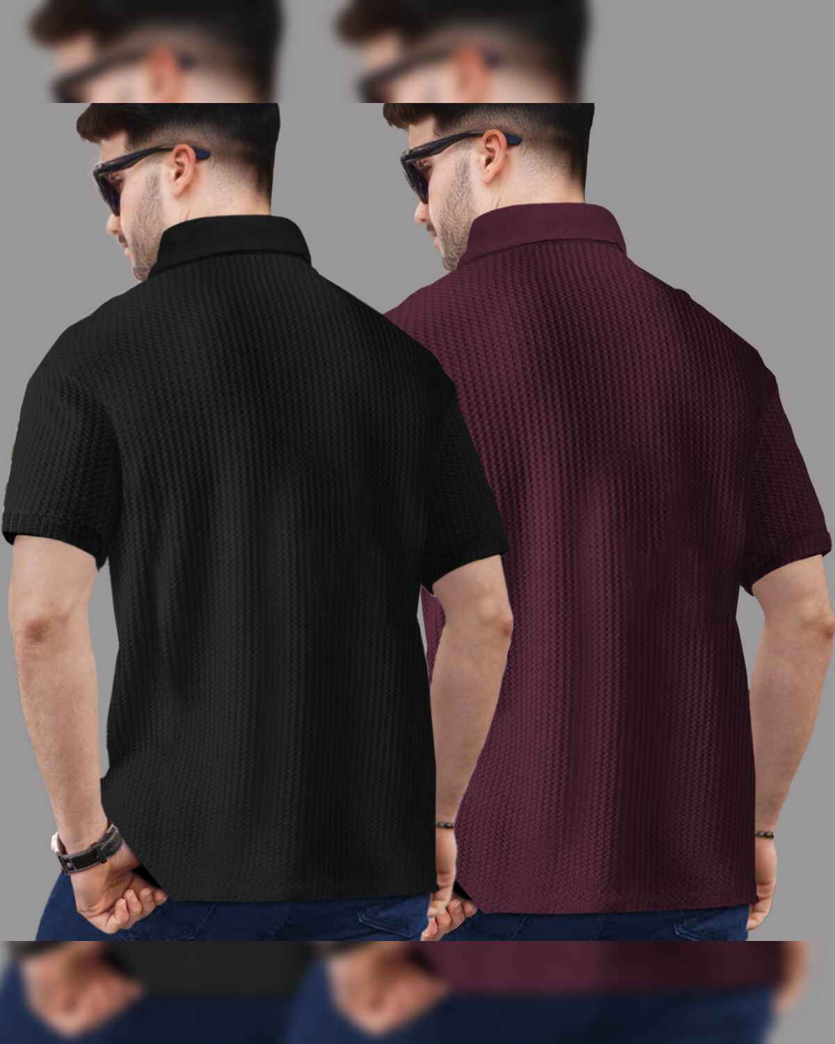 (Pack Of 2) Polo Collar Waffle Textured Black-Maroon T-shirts