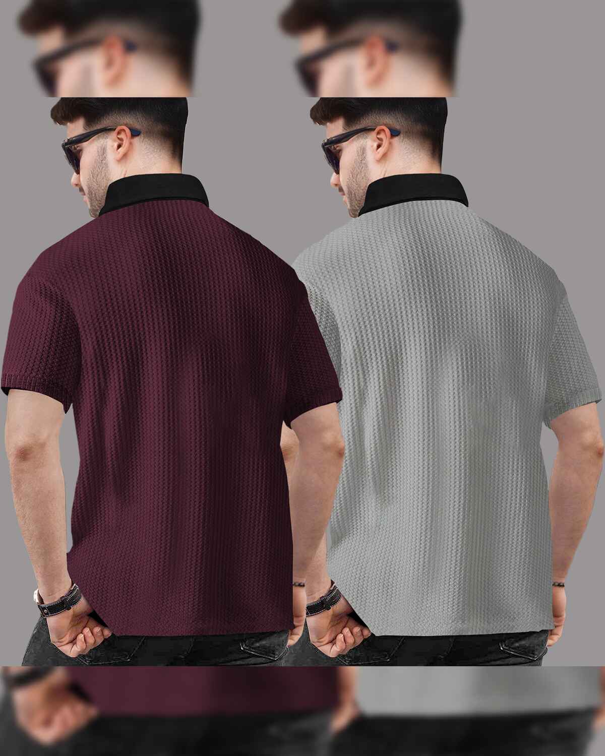 (Pack Of 2) Polo Collar Contrast Waffle Textured T-shirts Maroon & grey