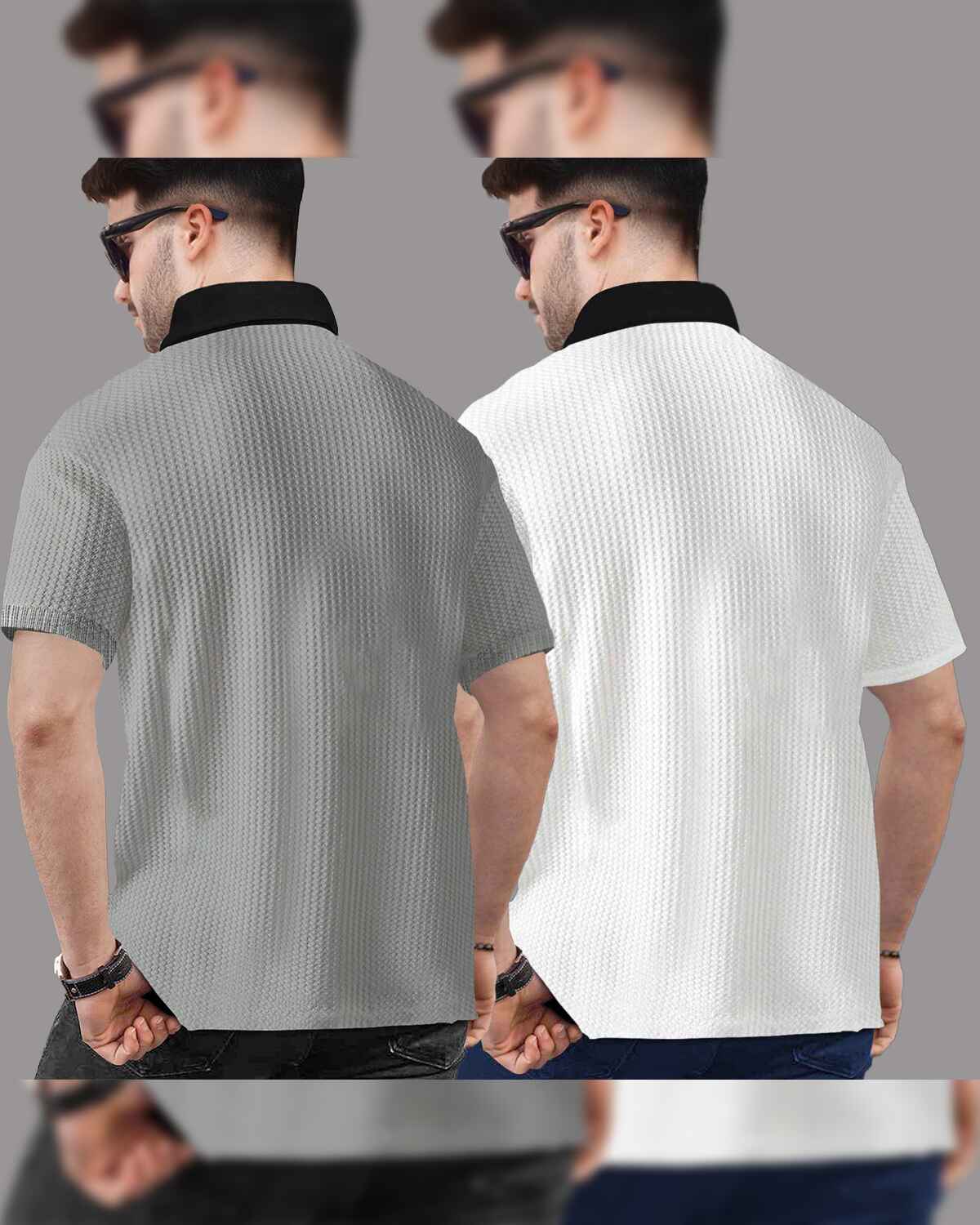 (Pack Of 2) Polo Collar Contrast Waffle Textured T-shirts Grey & White