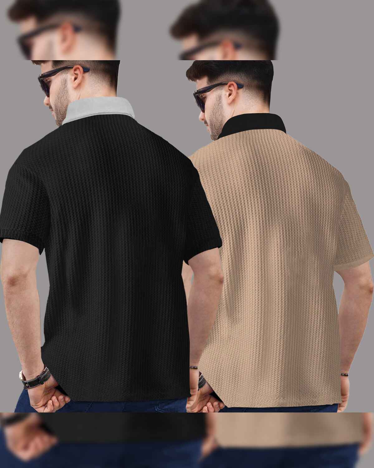 (Pack Of 2) Polo Collar Contrast Waffle Textured Black & Beige T-shirts