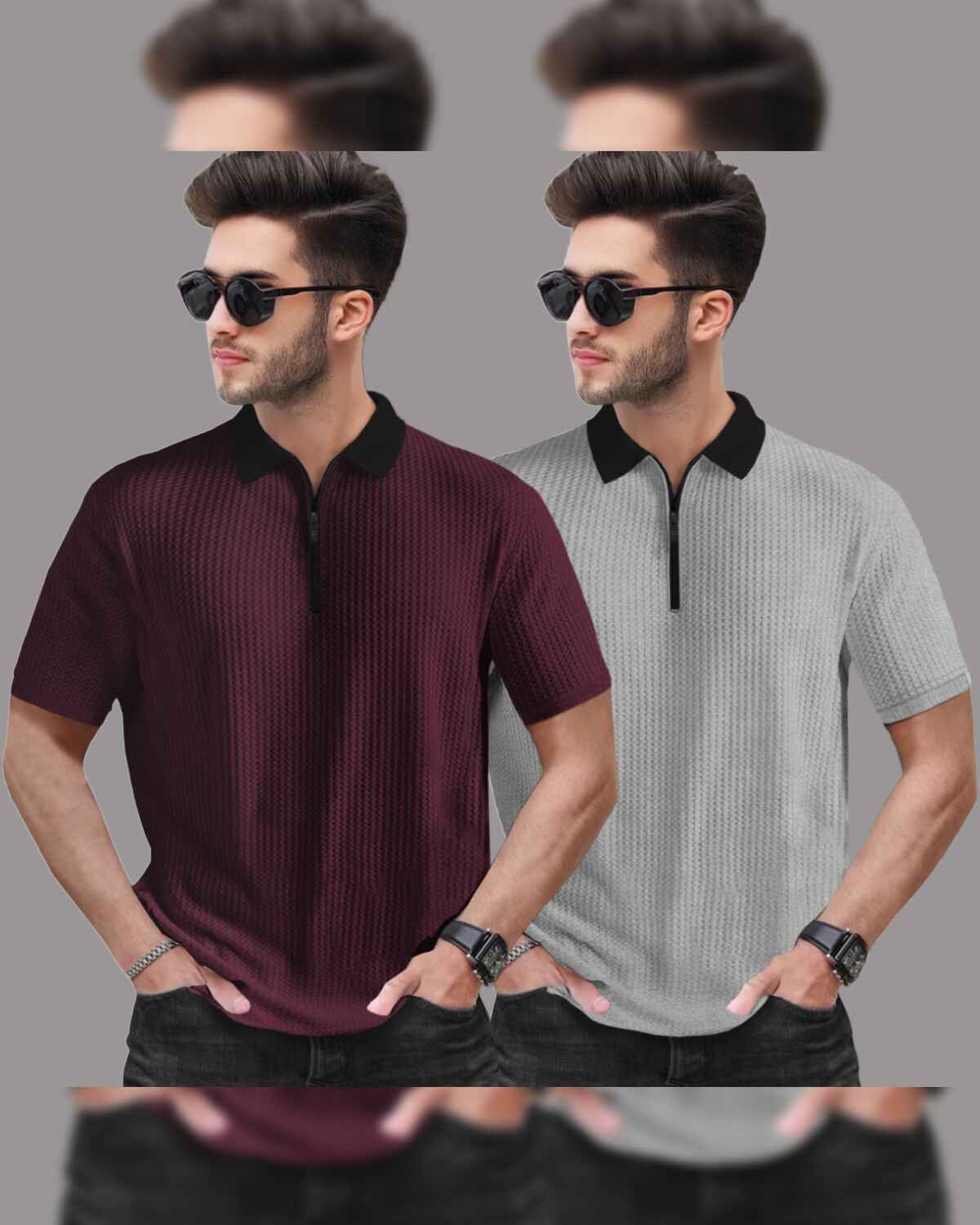 (Pack Of 2) Polo Collar Contrast Waffle Textured T-shirts Maroon & grey