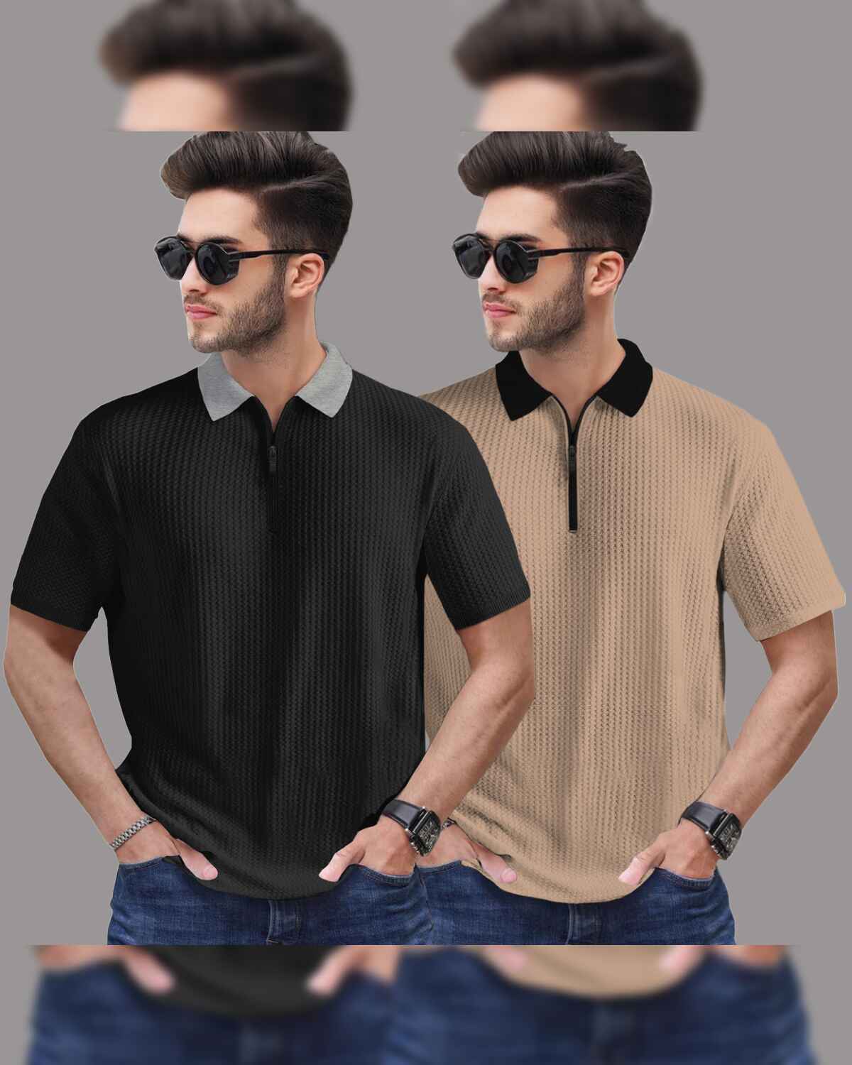 (Pack Of 2) Polo Collar Contrast Waffle Textured Black & Beige T-shirts