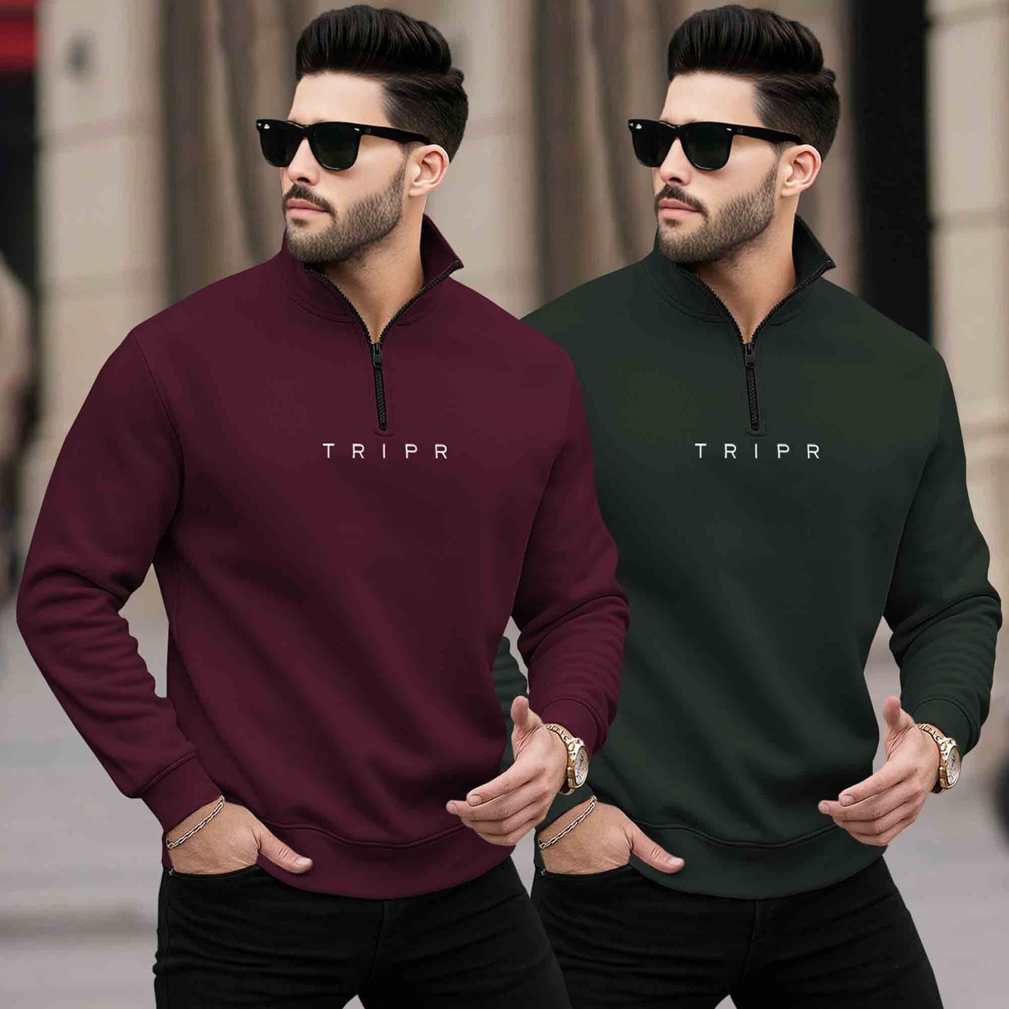 (Pack of 2) Mens Plain High Neck Sweatshirts / Maroon & Olivegreen