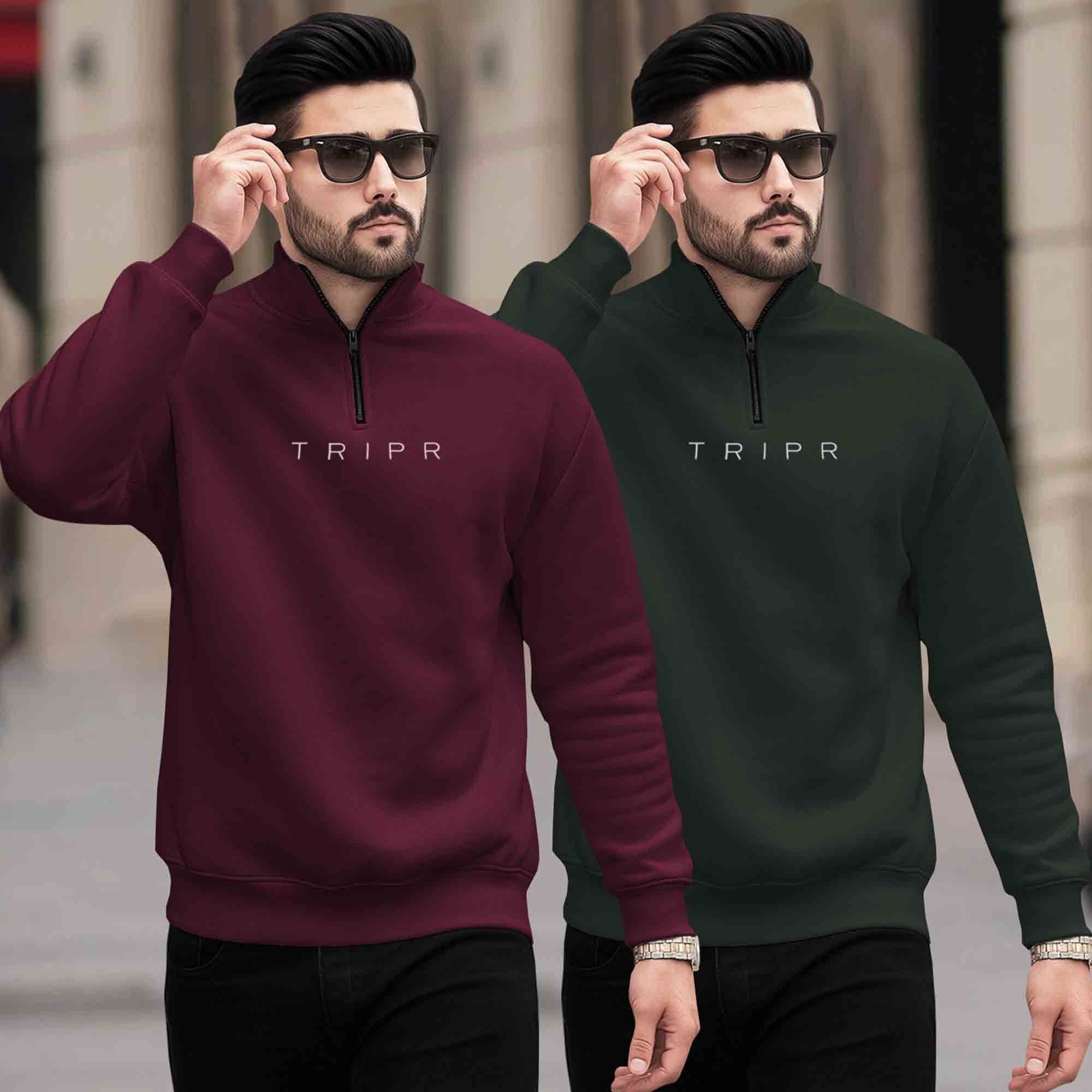 (Pack of 2) Mens Plain High Neck Sweatshirts / Maroon & Olivegreen