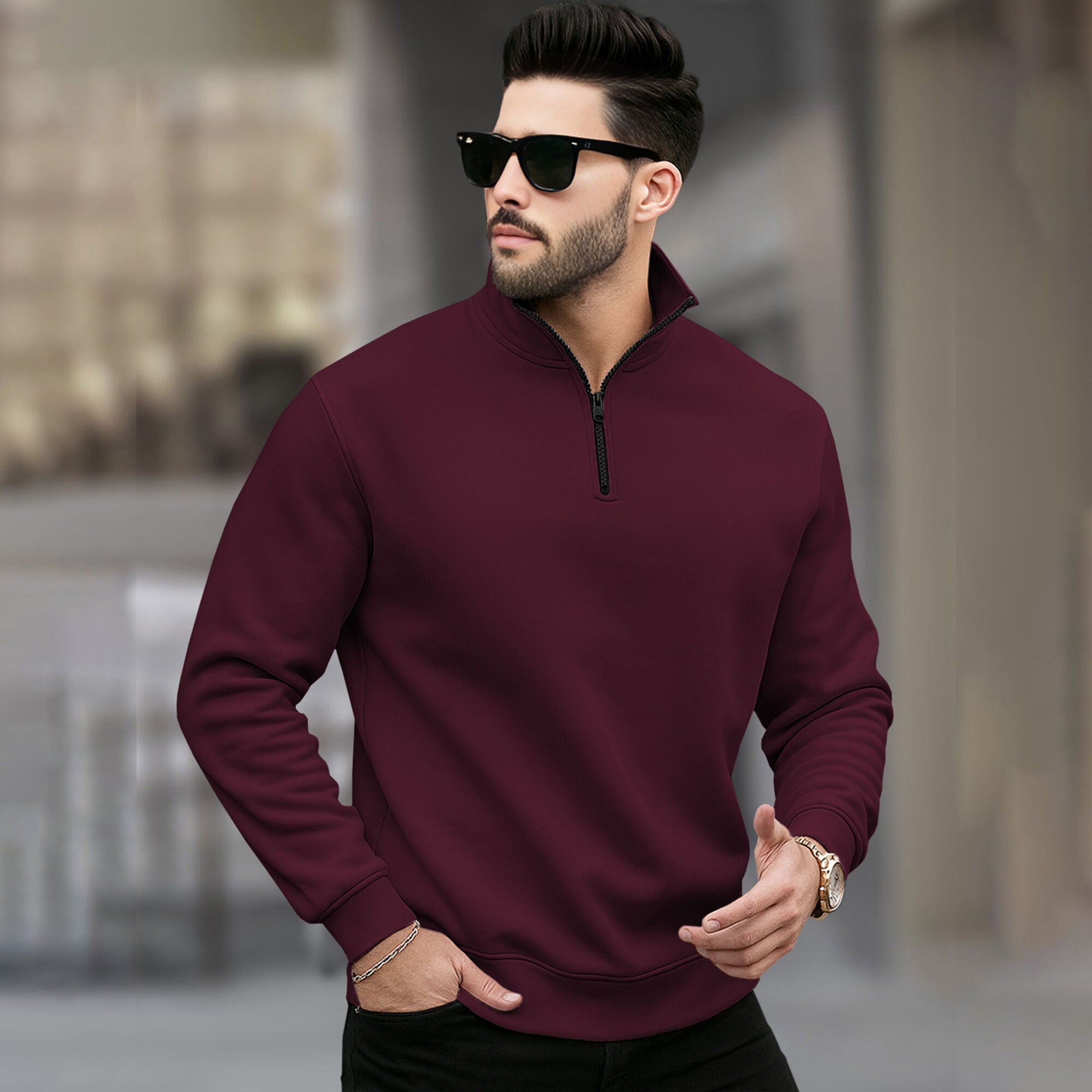 Men Plain Zipper High Neck Casual Sweatshirt / Maroon